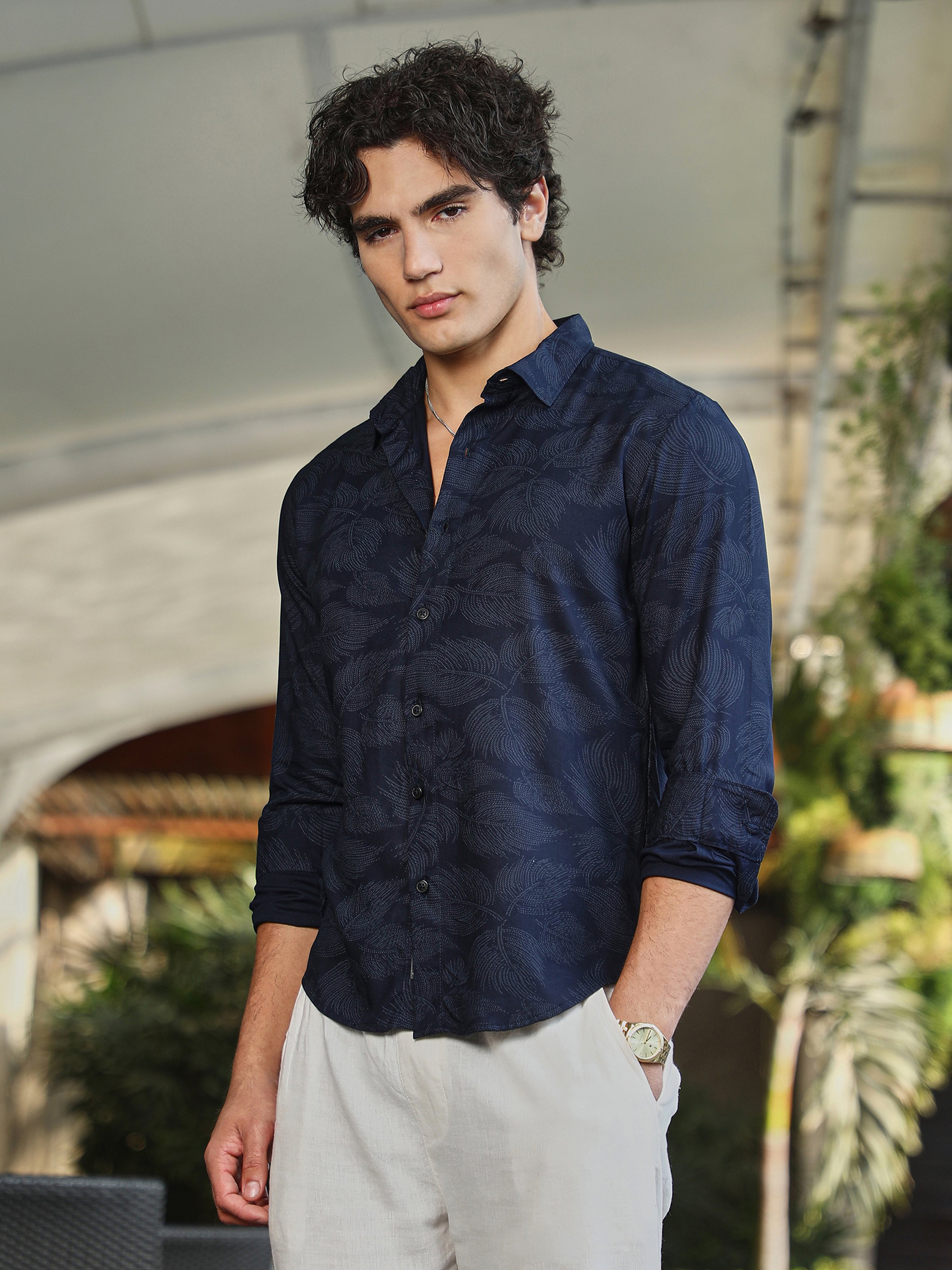Men Navy Blue Textured Regular Shirt