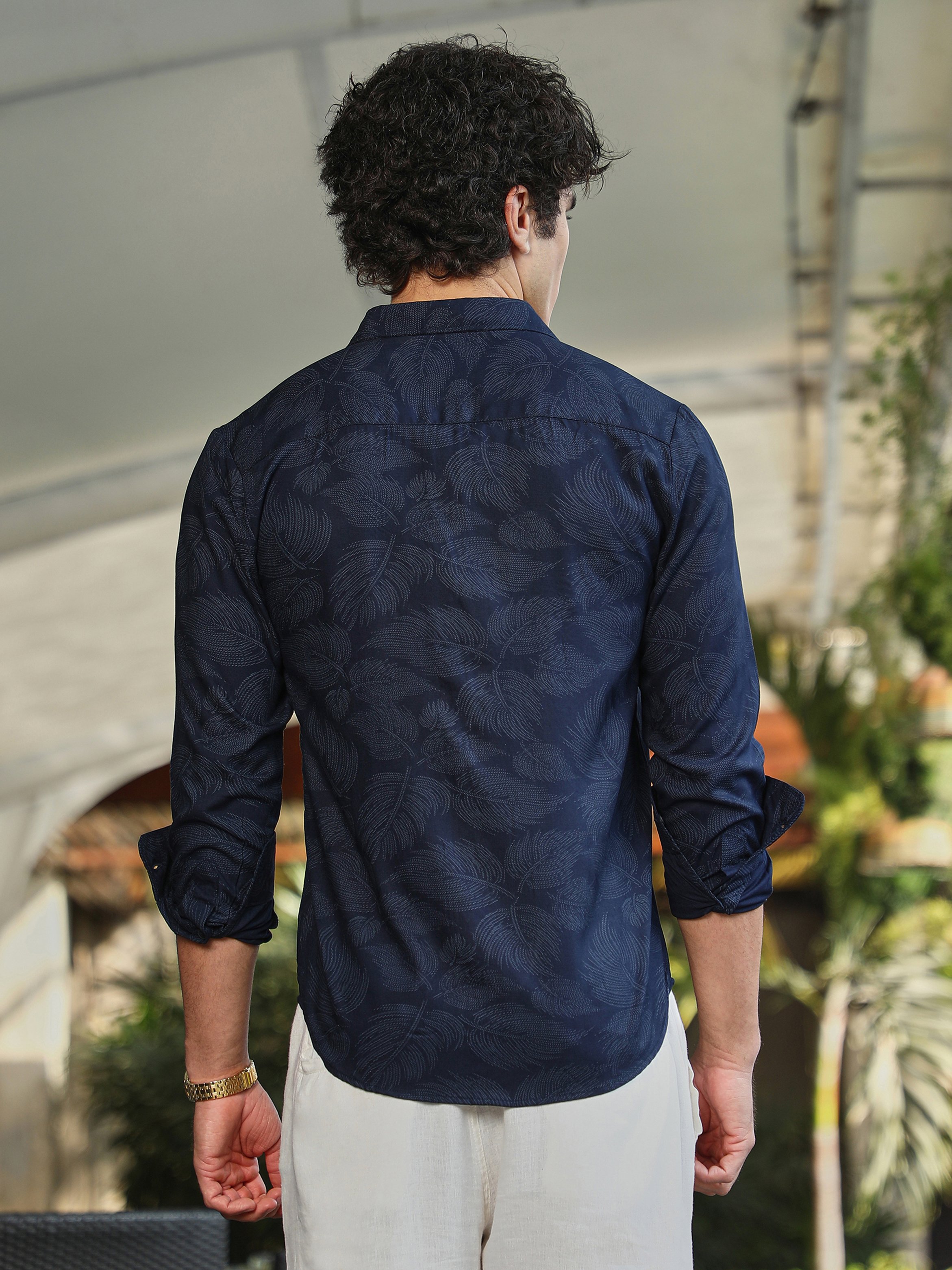 Men Navy Blue Textured Regular Shirt