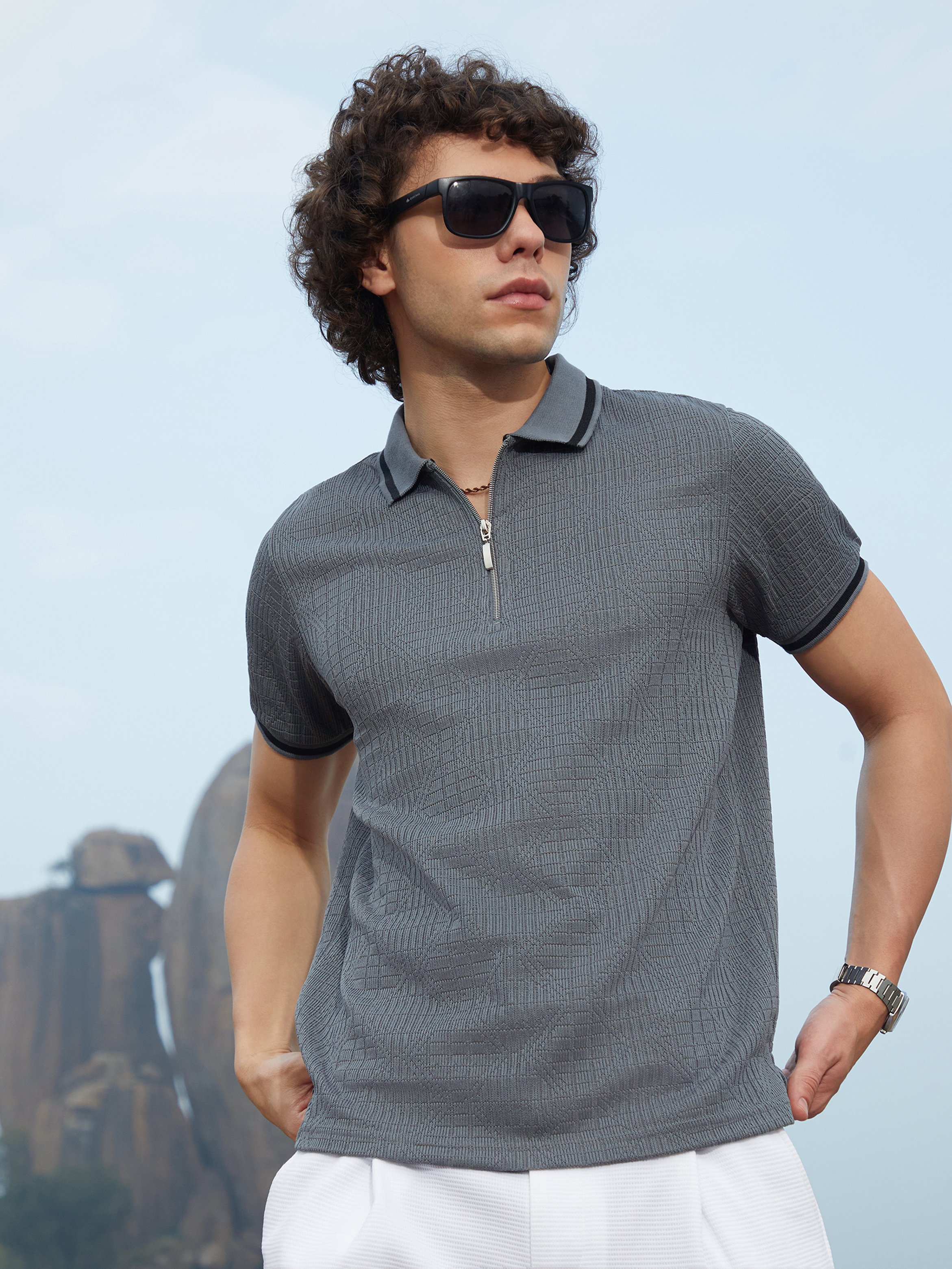 Men Grey Textured-Stripe Short Sleeve Polo