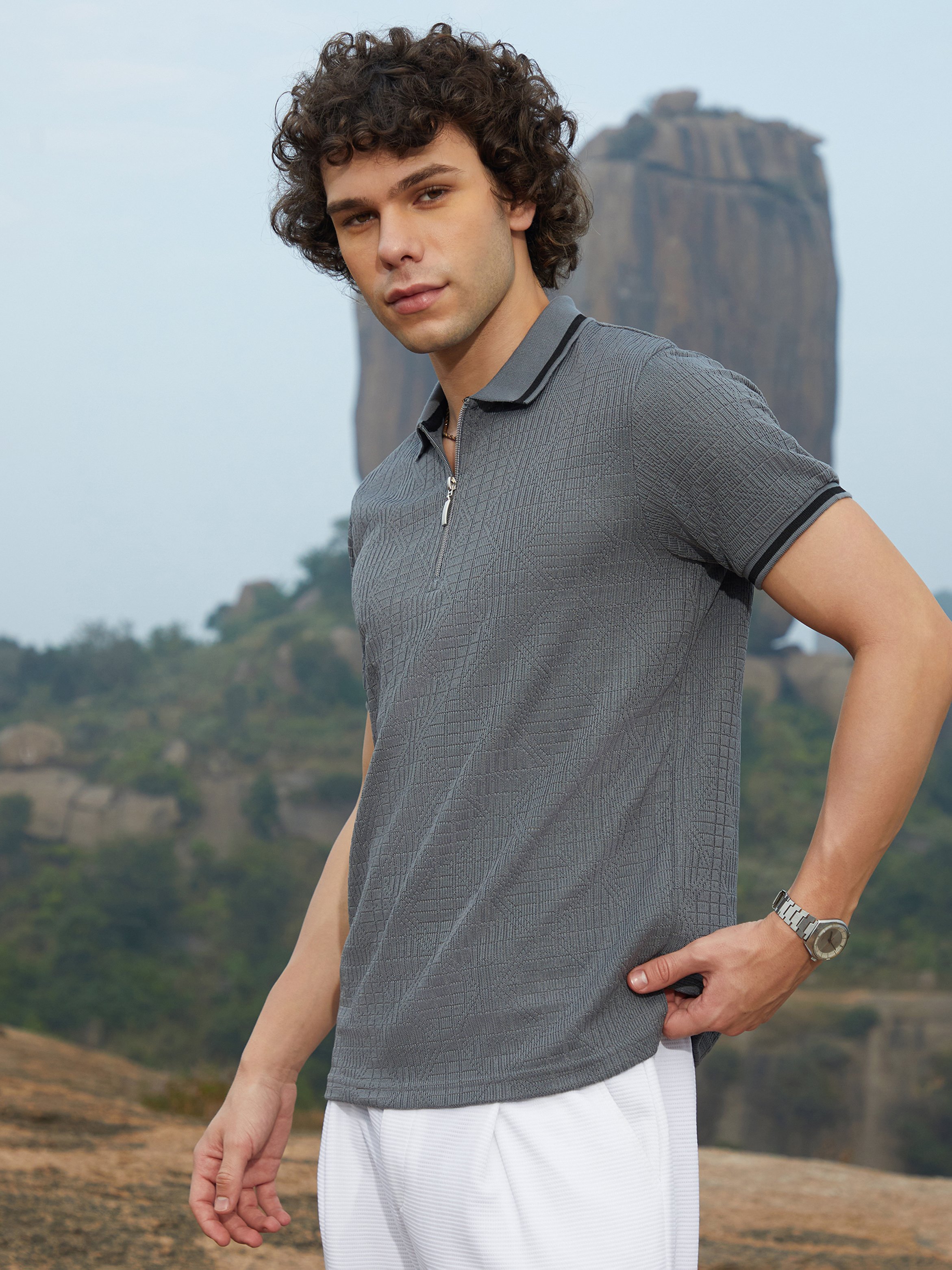 Men Grey Textured-Stripe Short Sleeve Polo