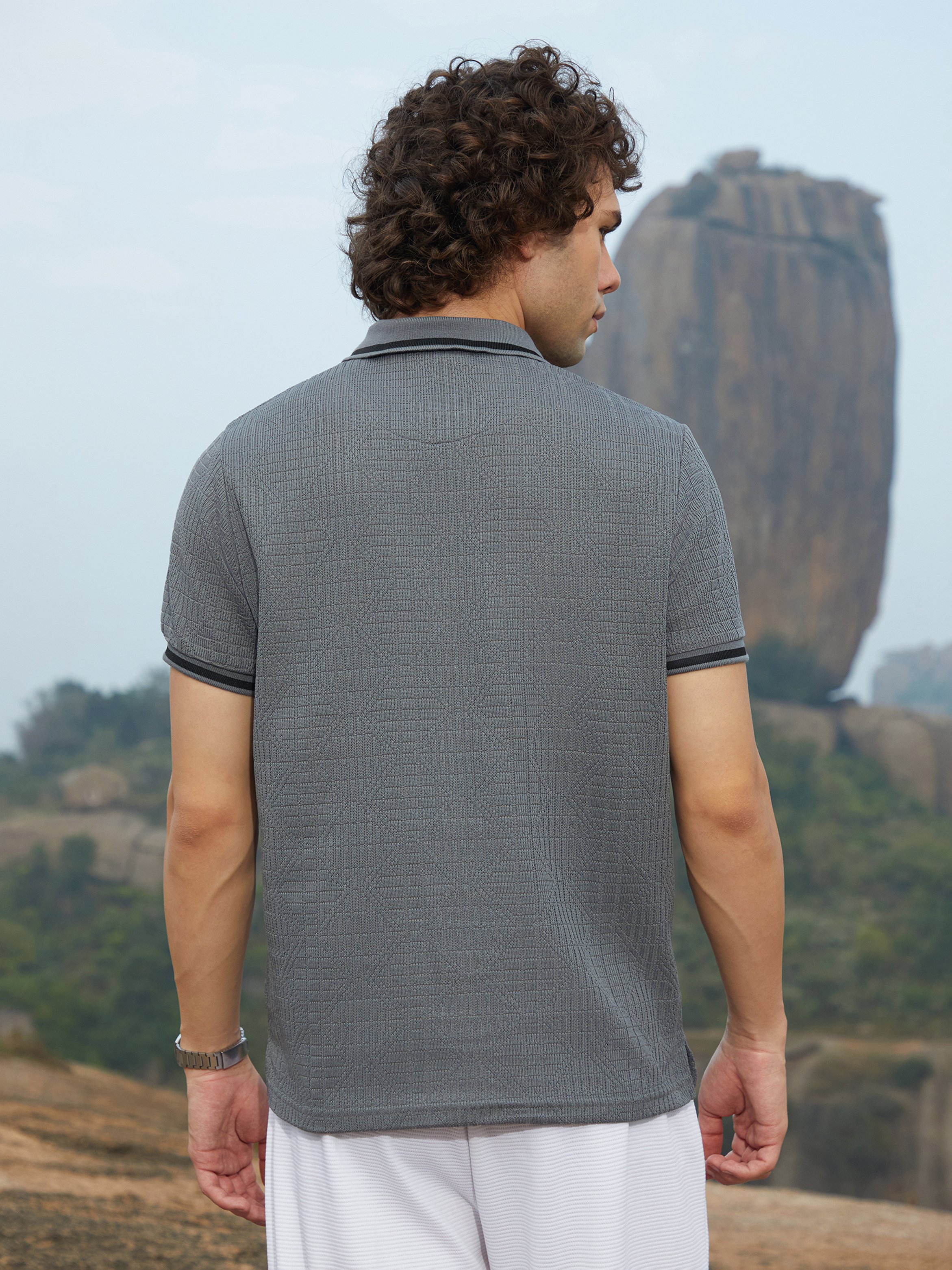 Men Grey Textured-Stripe Short Sleeve Polo