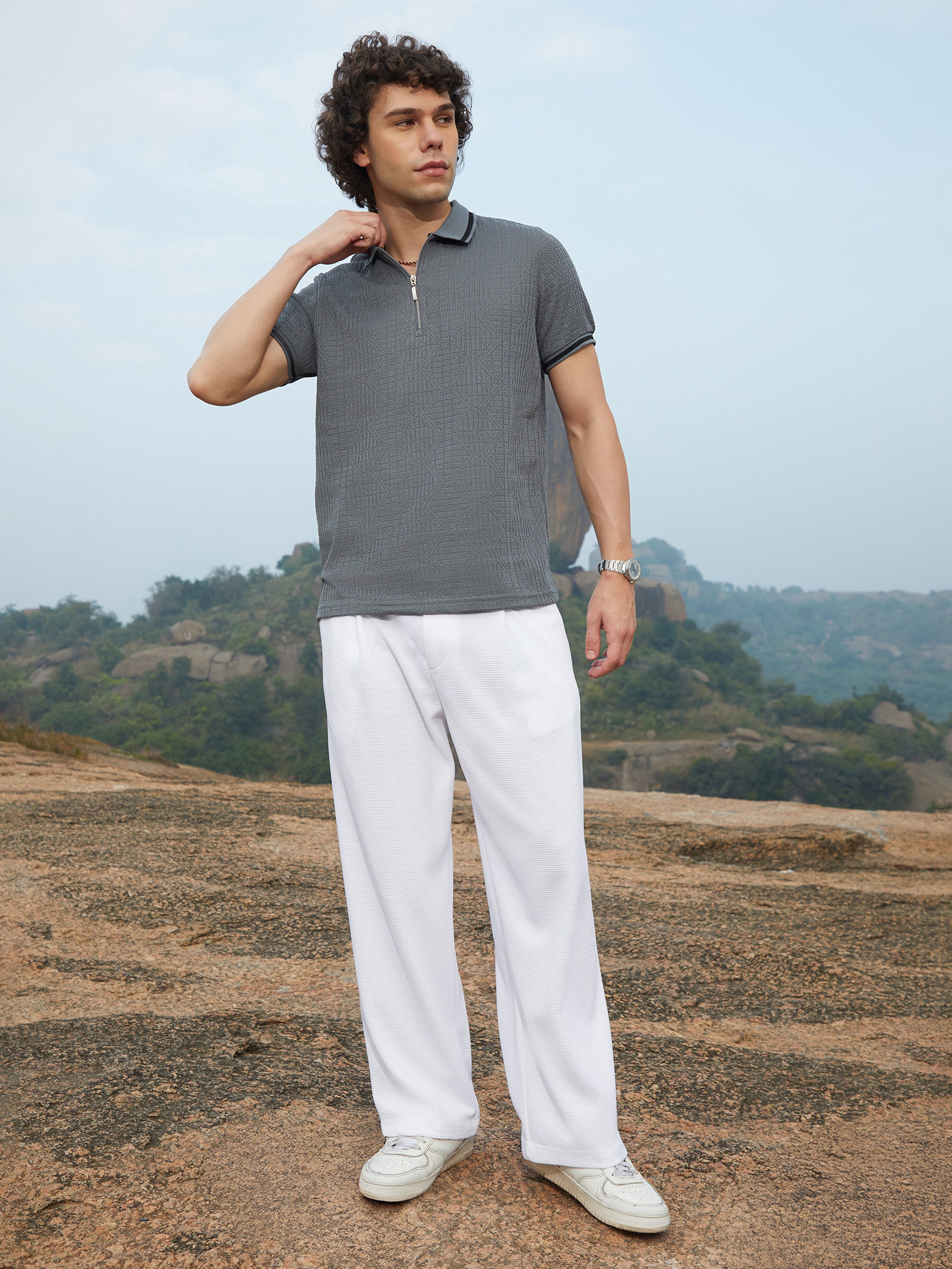 Men Grey Textured-Stripe Short Sleeve Polo
