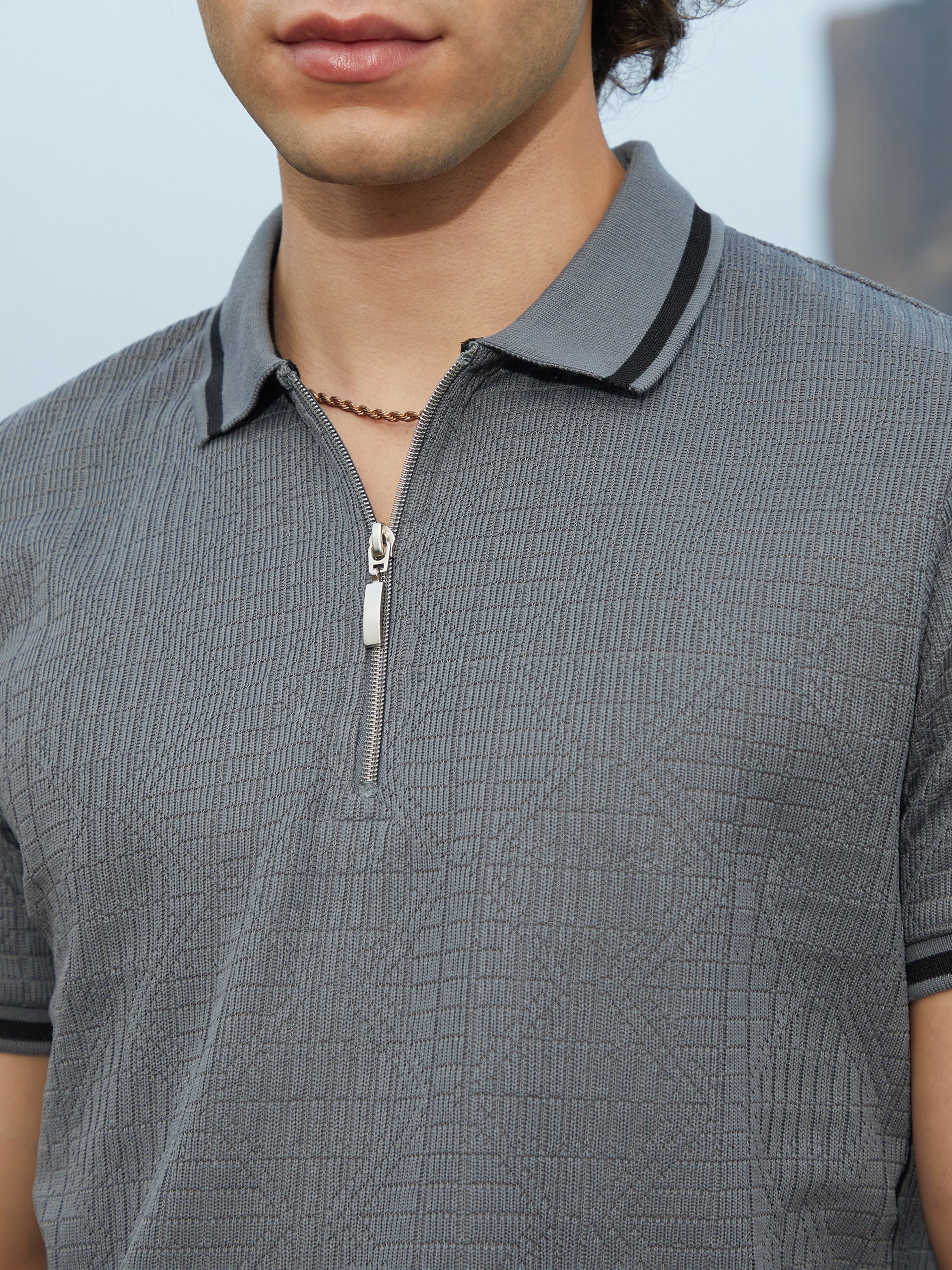 Men Grey Textured-Stripe Short Sleeve Polo
