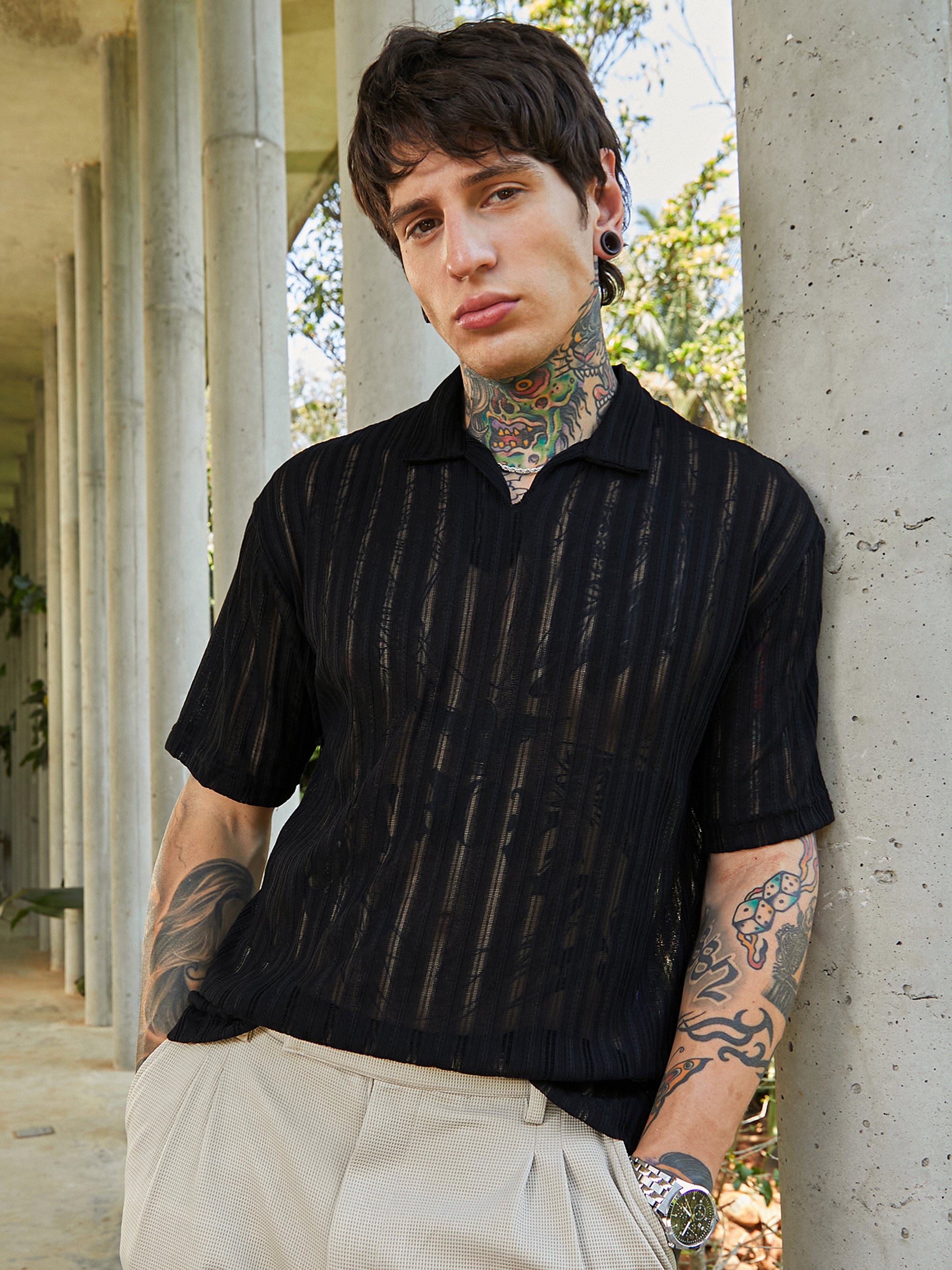 Men Black Striped Relaxed Polo
