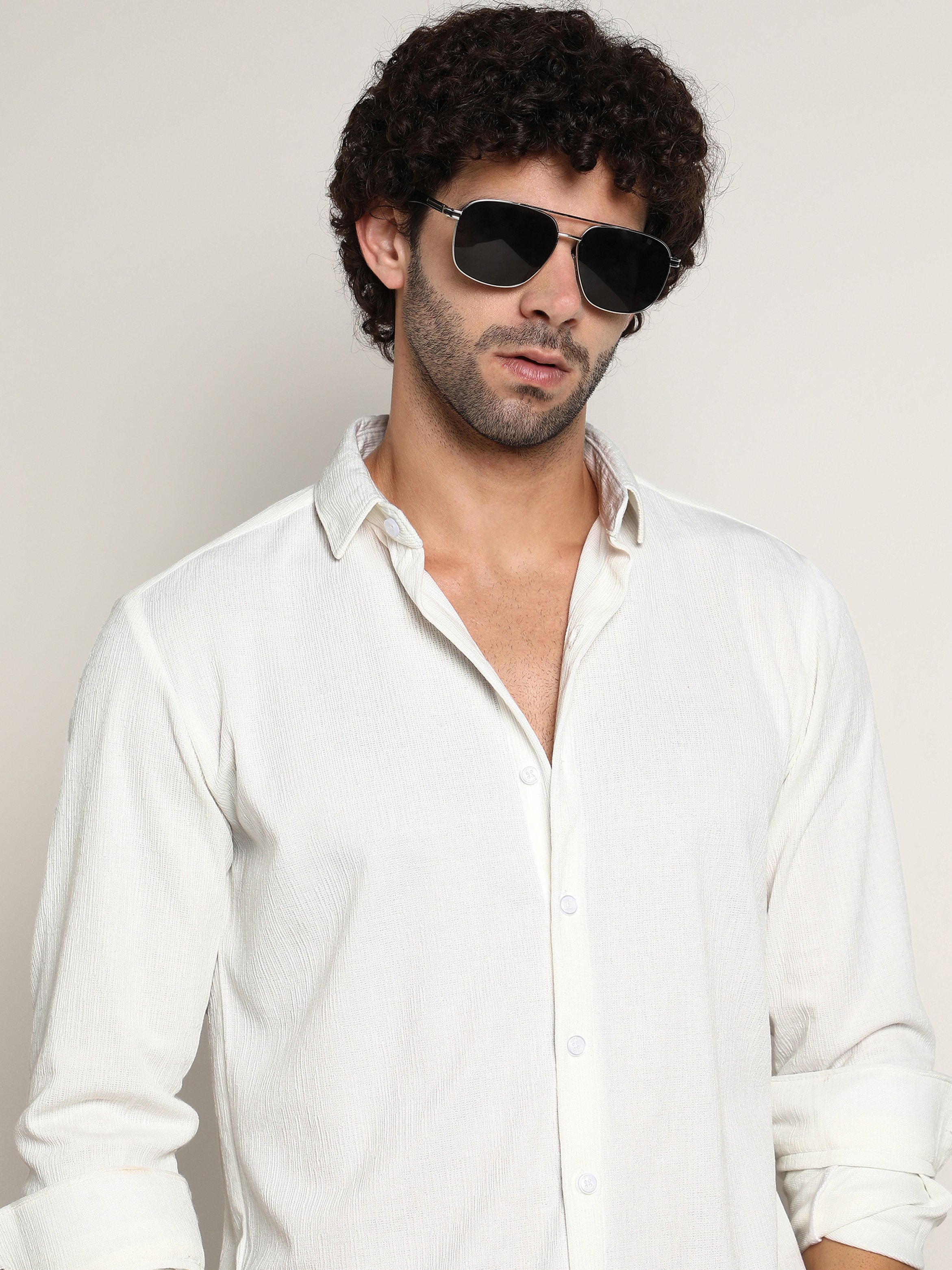 Men White Textured Jacquard Shirt
