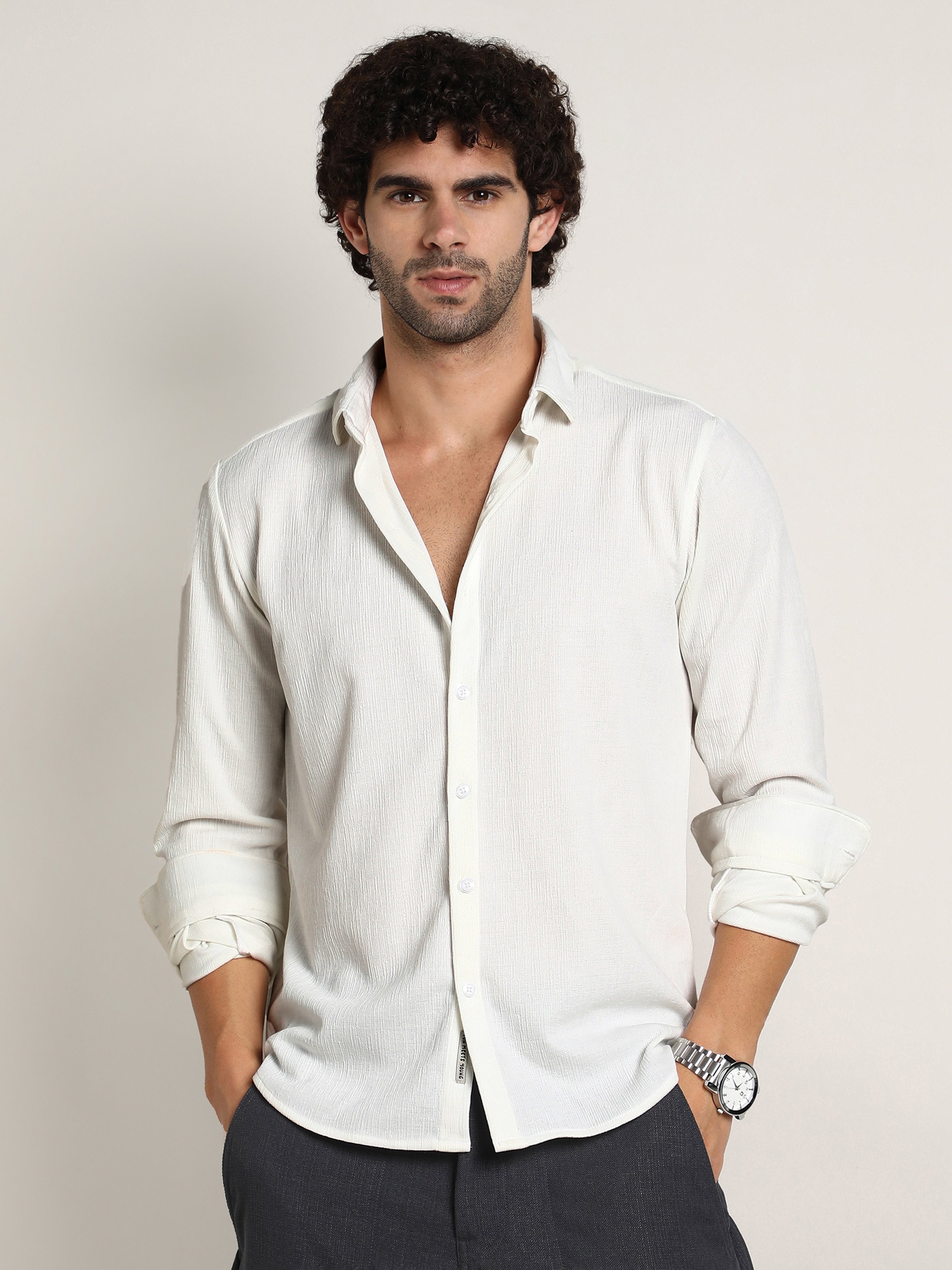 Men White Textured Jacquard Shirt