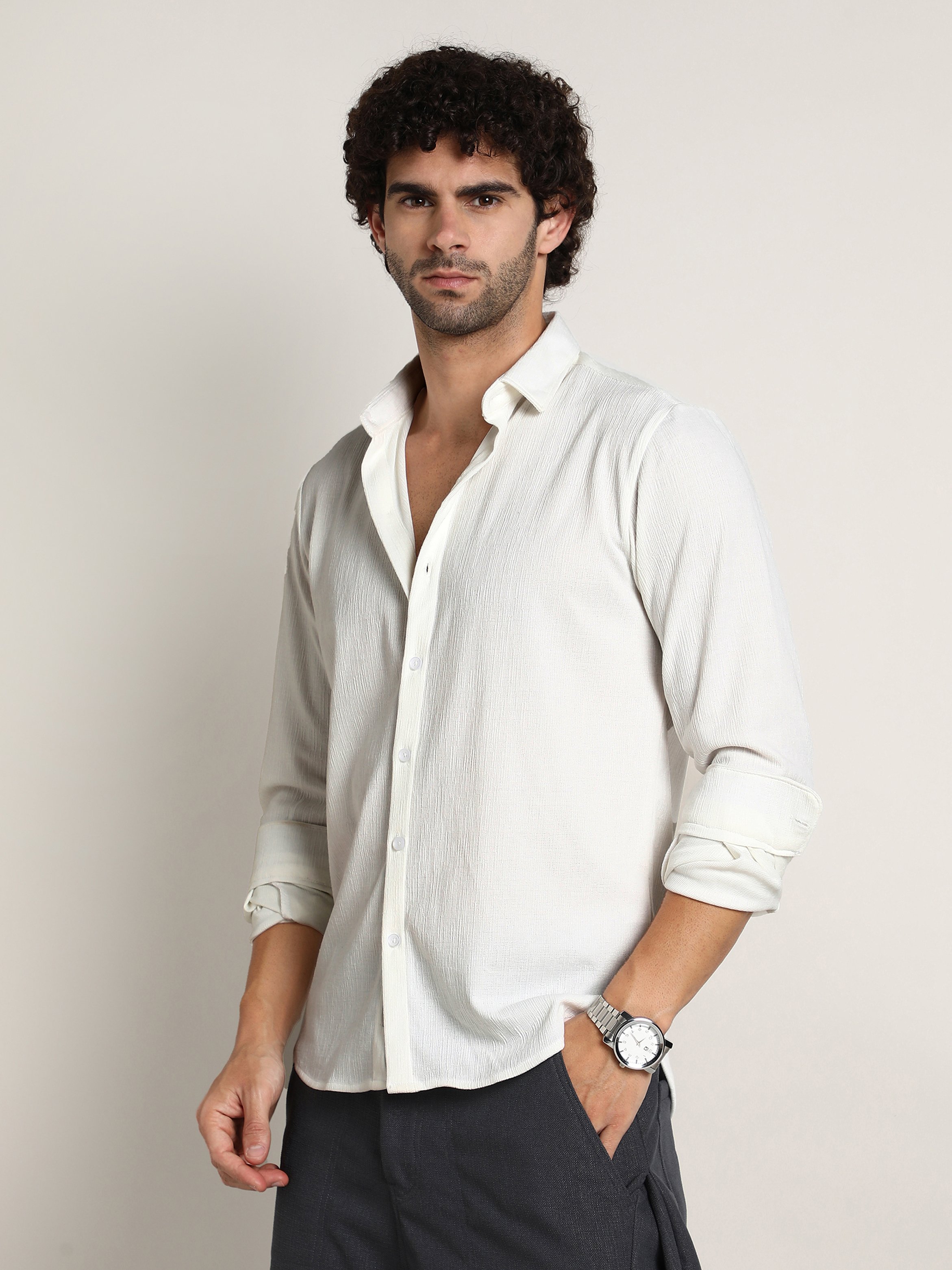 Men White Textured Jacquard Shirt