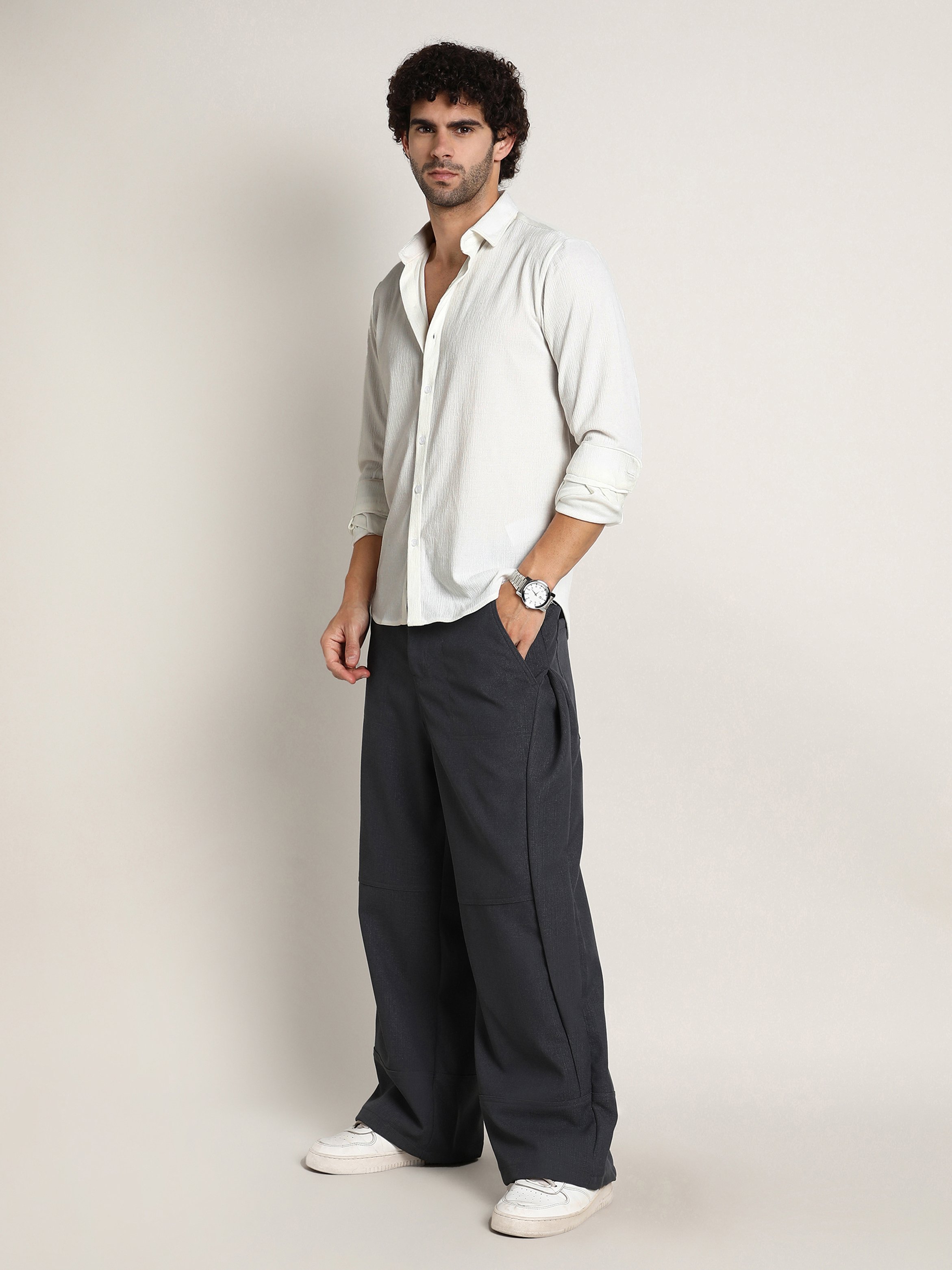 Men White Textured Jacquard Shirt