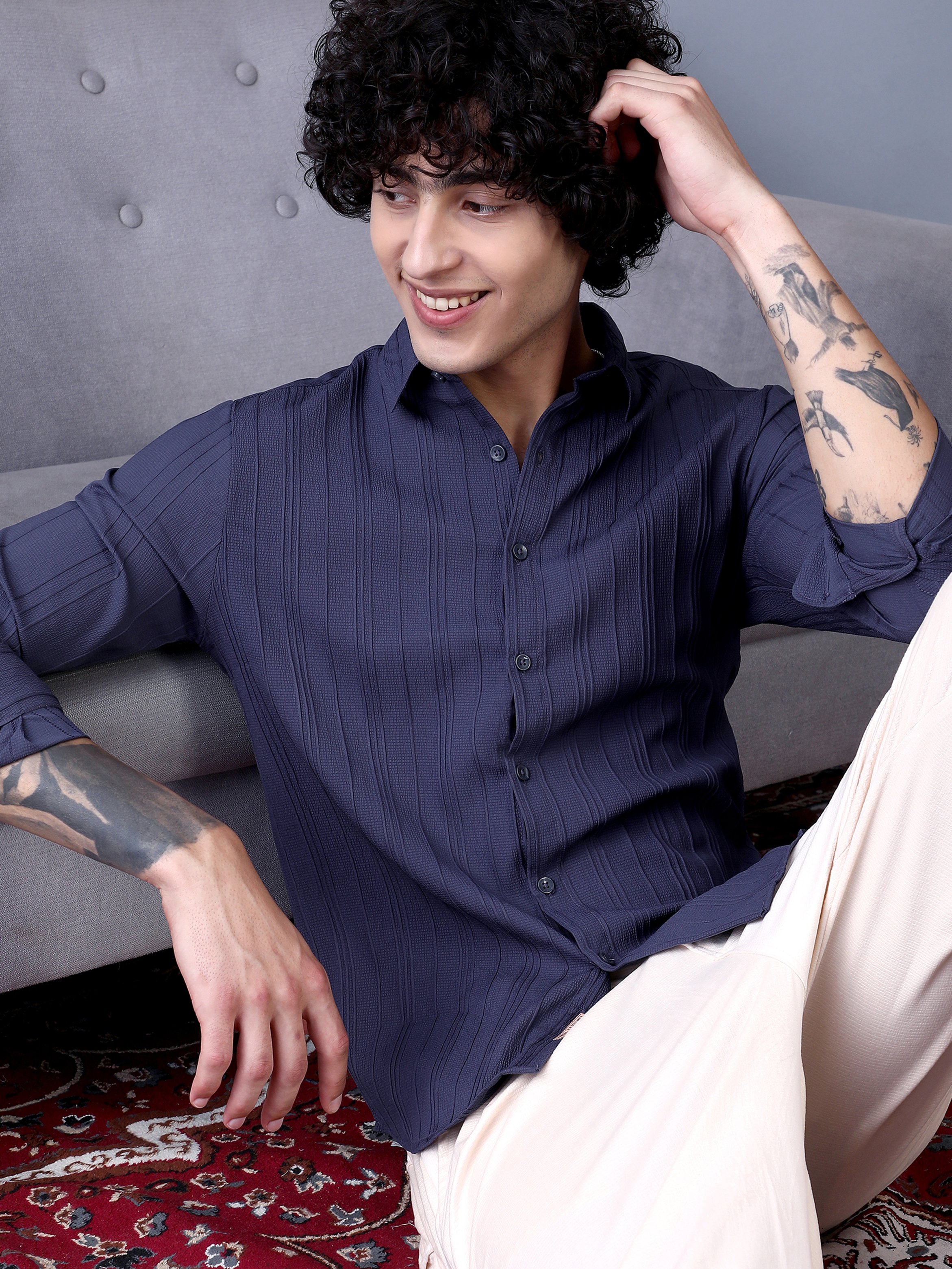 Men Navy Blue Multitrack-Tactile Shirt