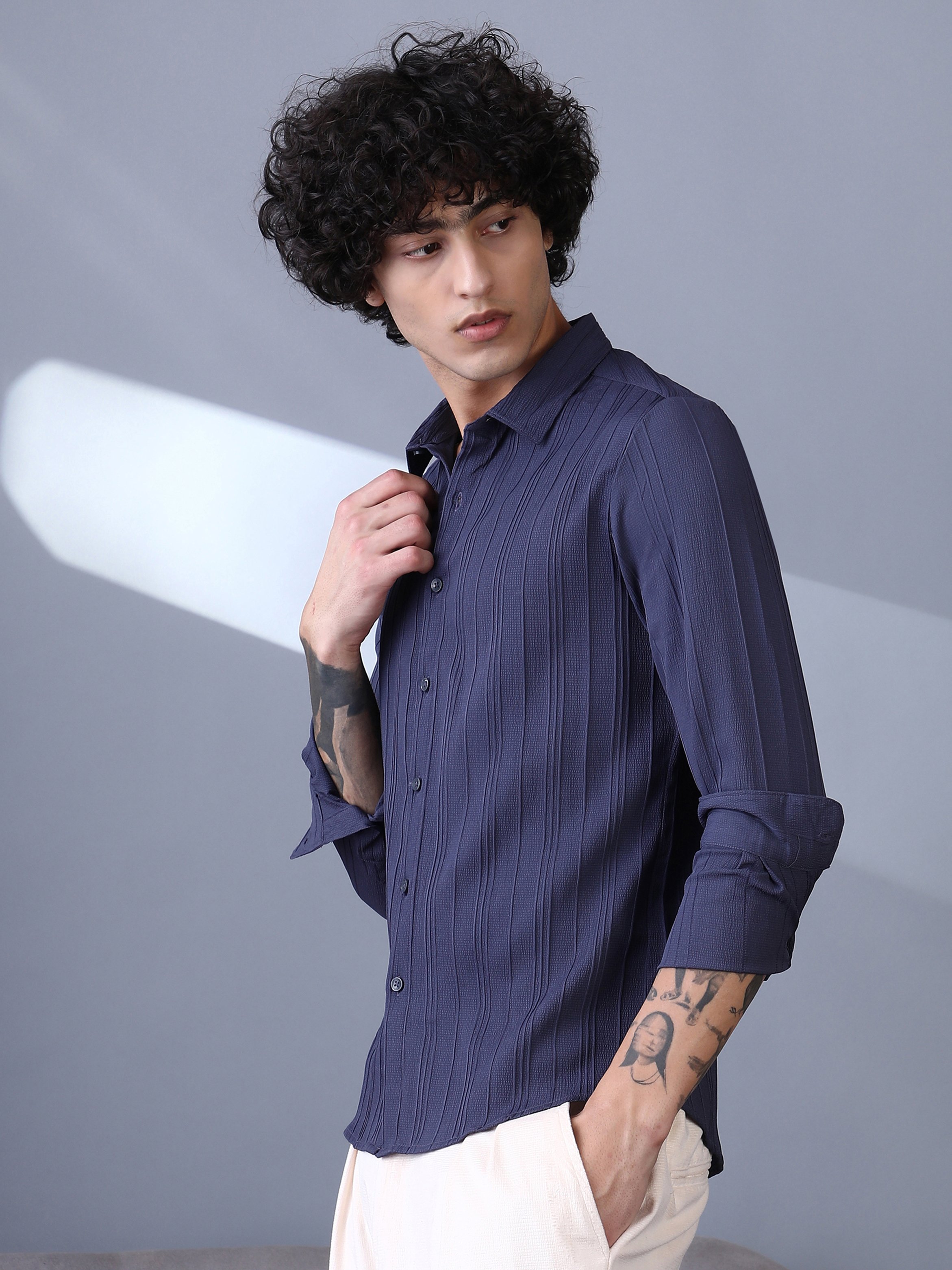 Men Navy Blue Multitrack-Tactile Shirt