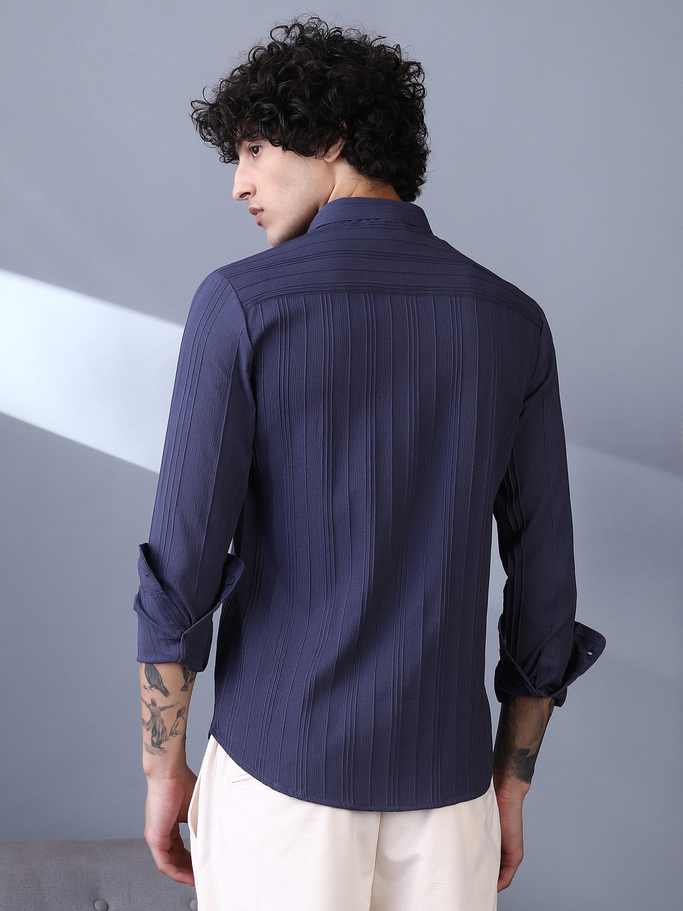 Men Navy Blue Multitrack-Tactile Shirt