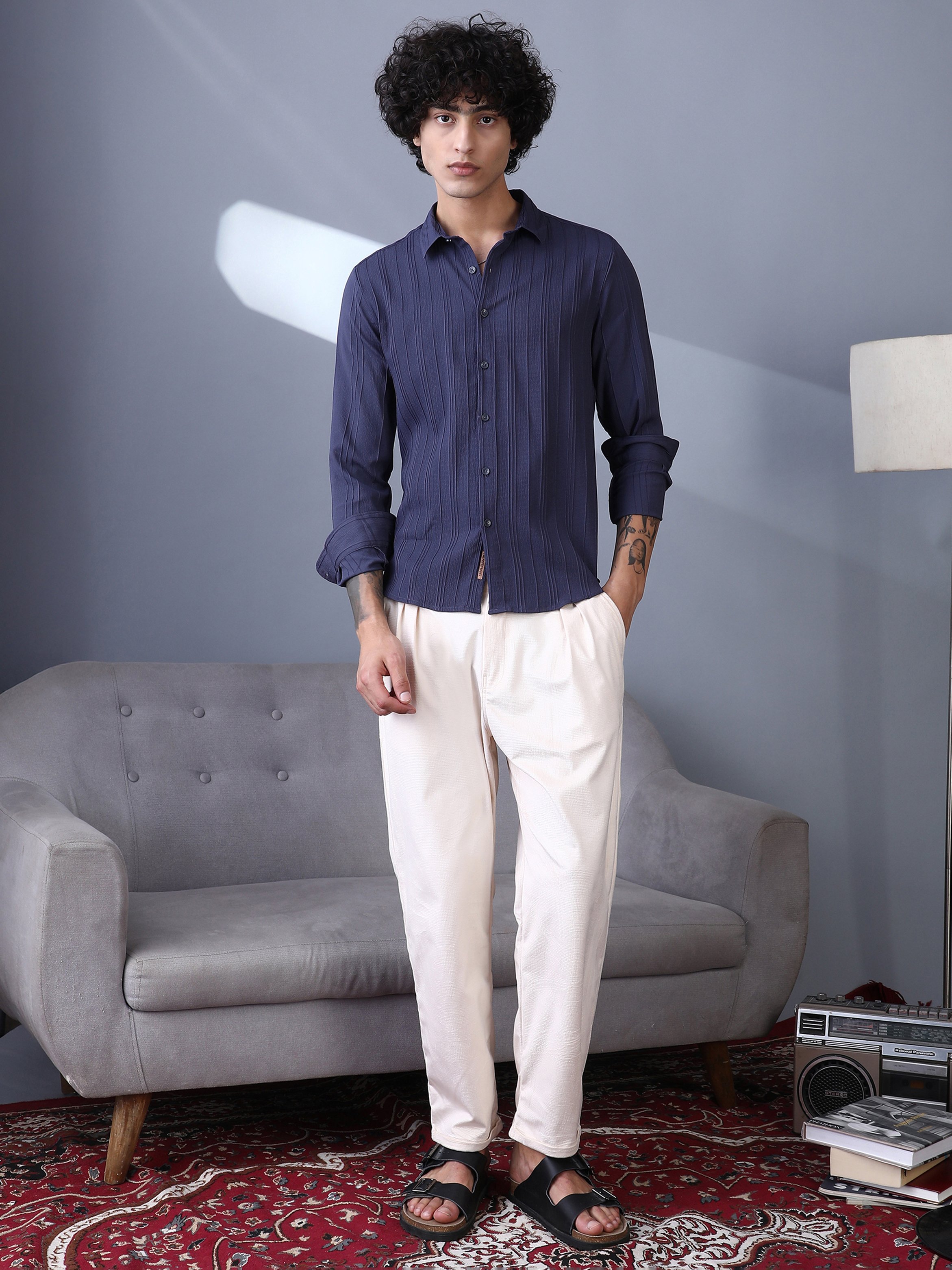Men Navy Blue Multitrack-Tactile Shirt