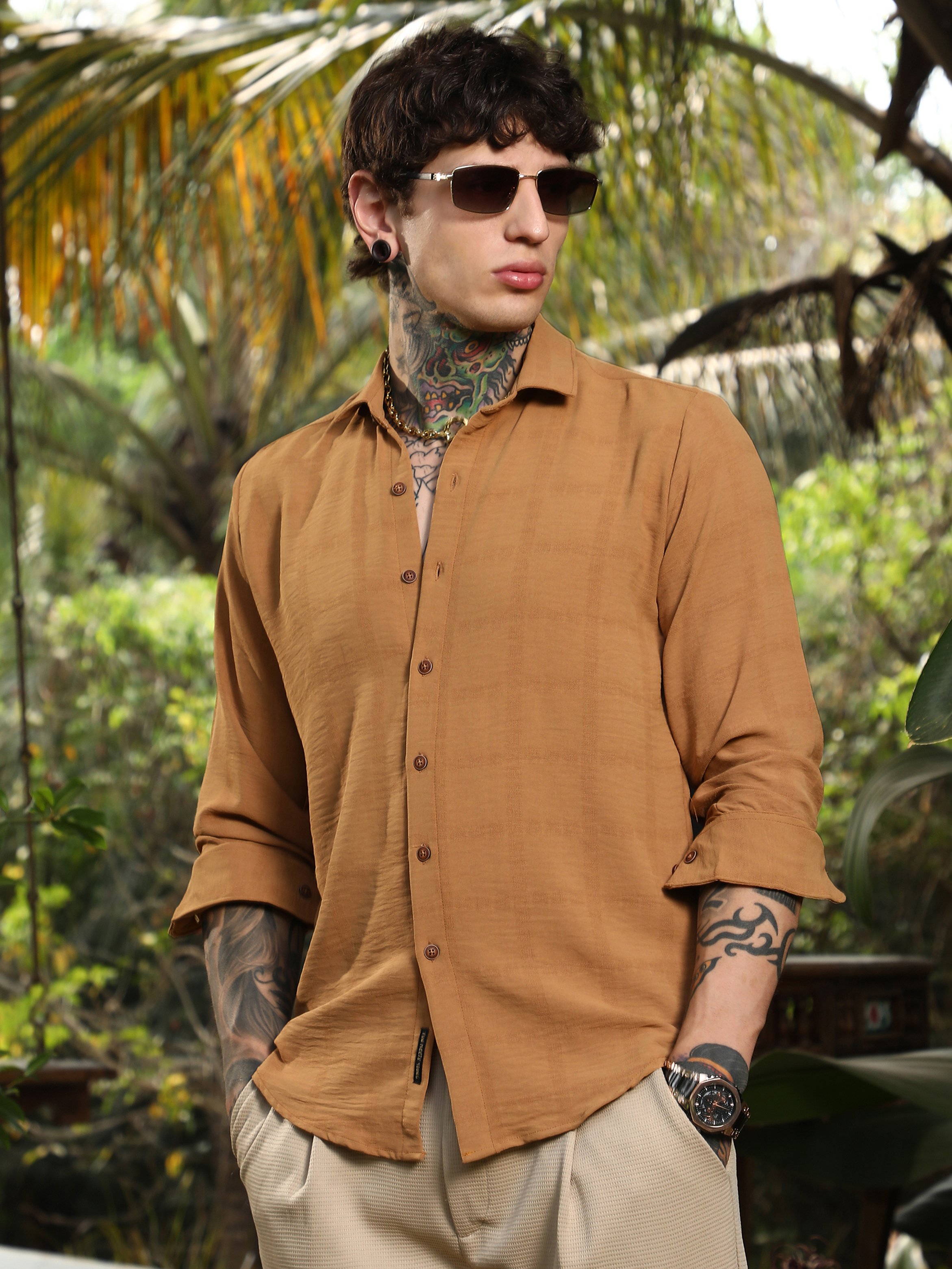 Men Rust Textured Spread Collar Shirt