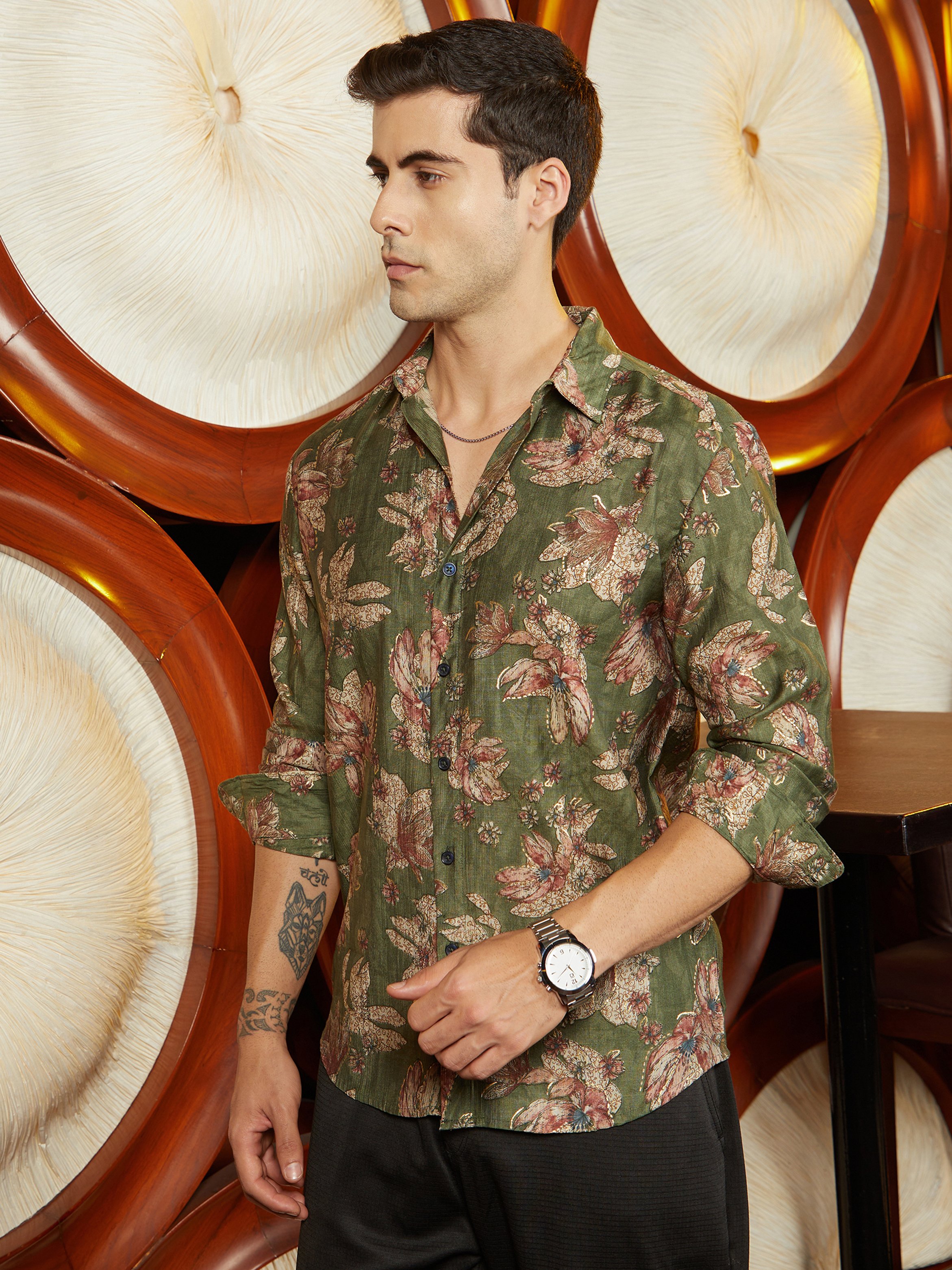 Men Olive Green Floral Print Textured Shirt