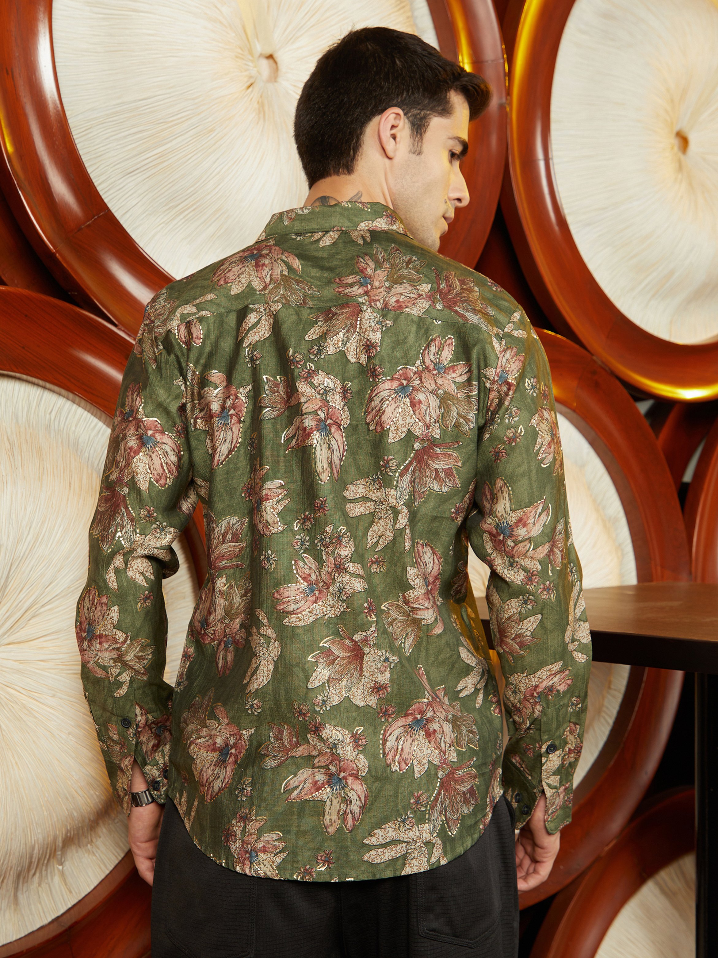 Men Olive Green Floral Print Textured Shirt