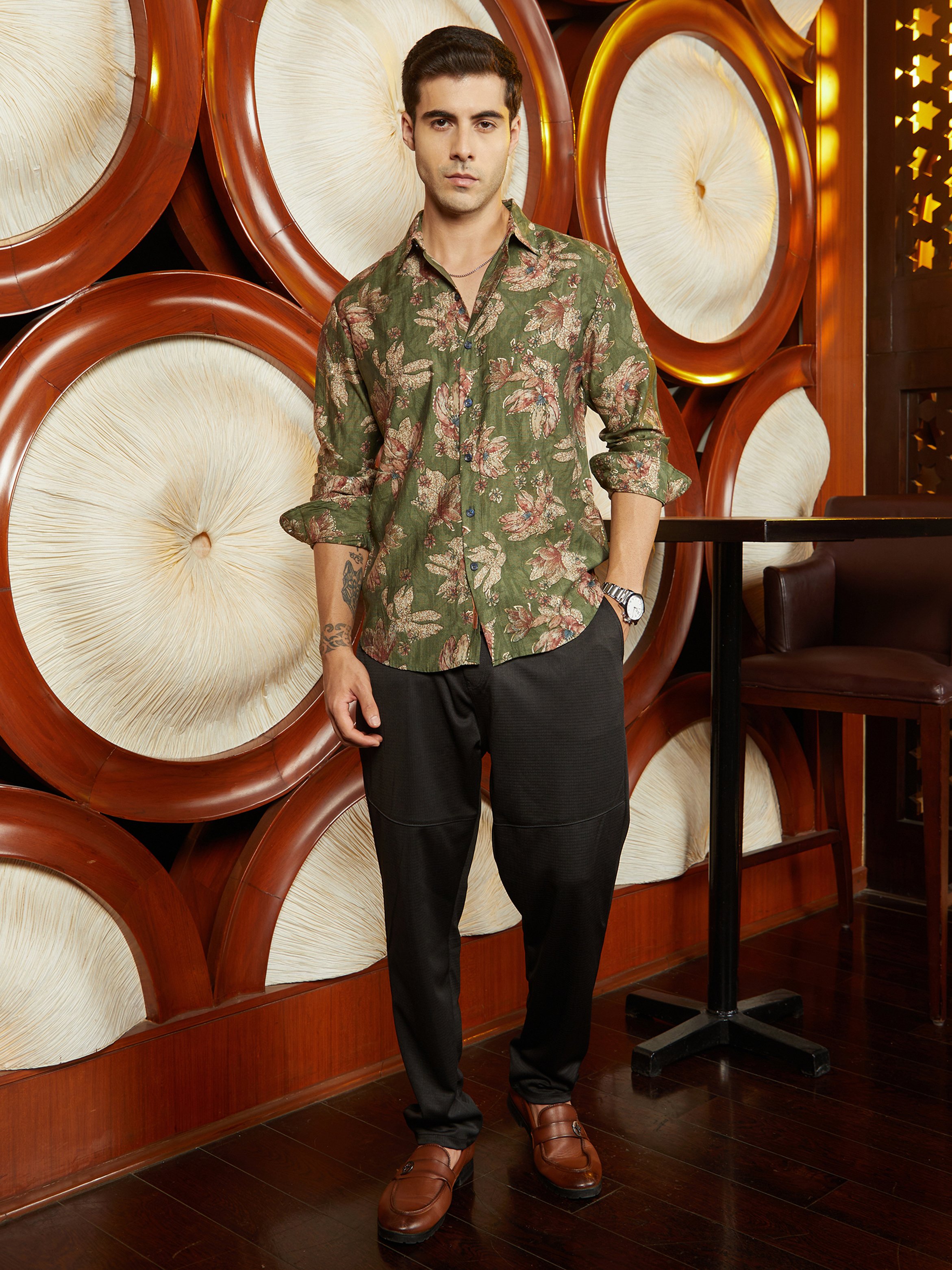 Men Olive Green Floral Print Textured Shirt