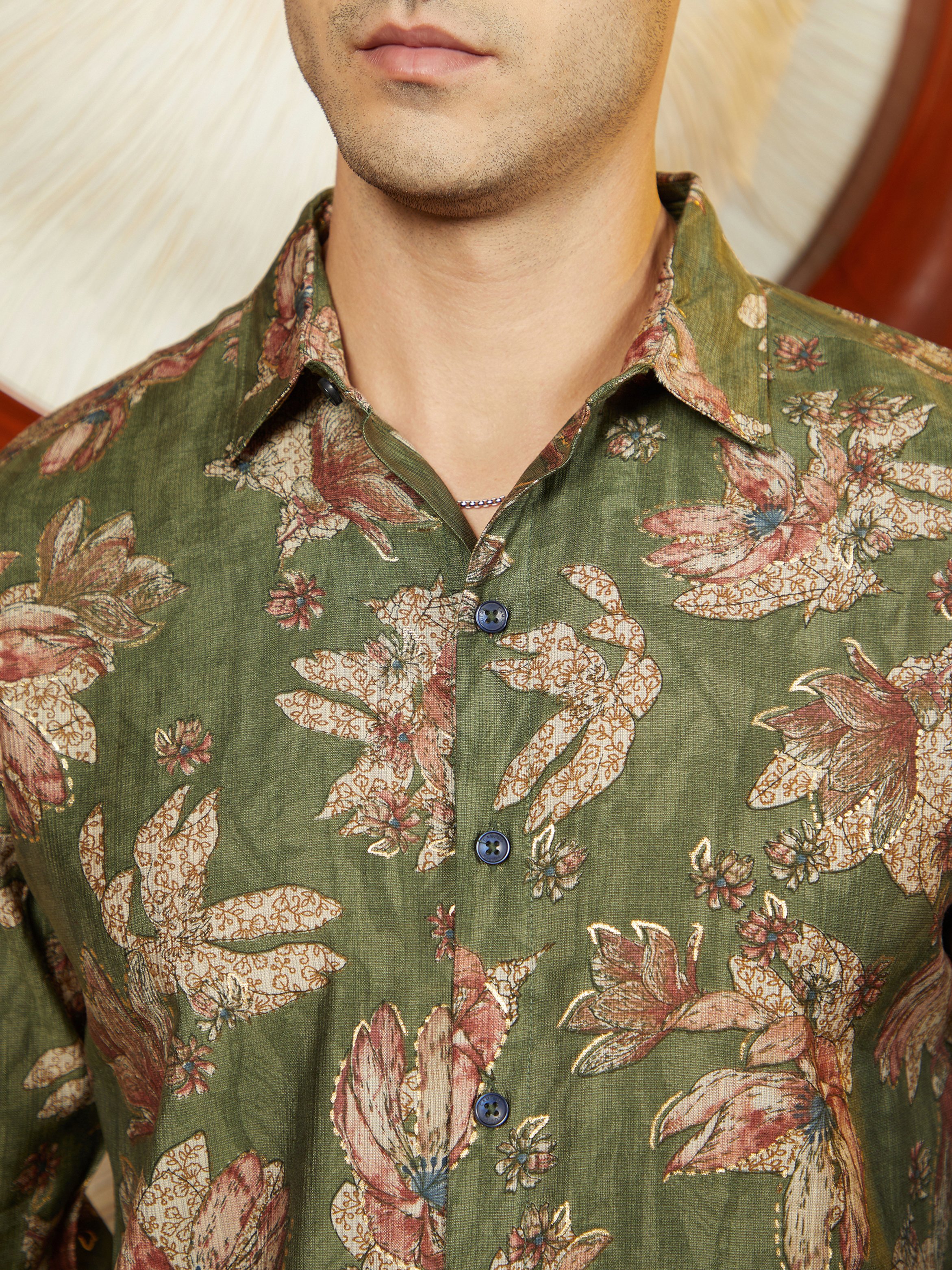Men Olive Green Floral Print Textured Shirt