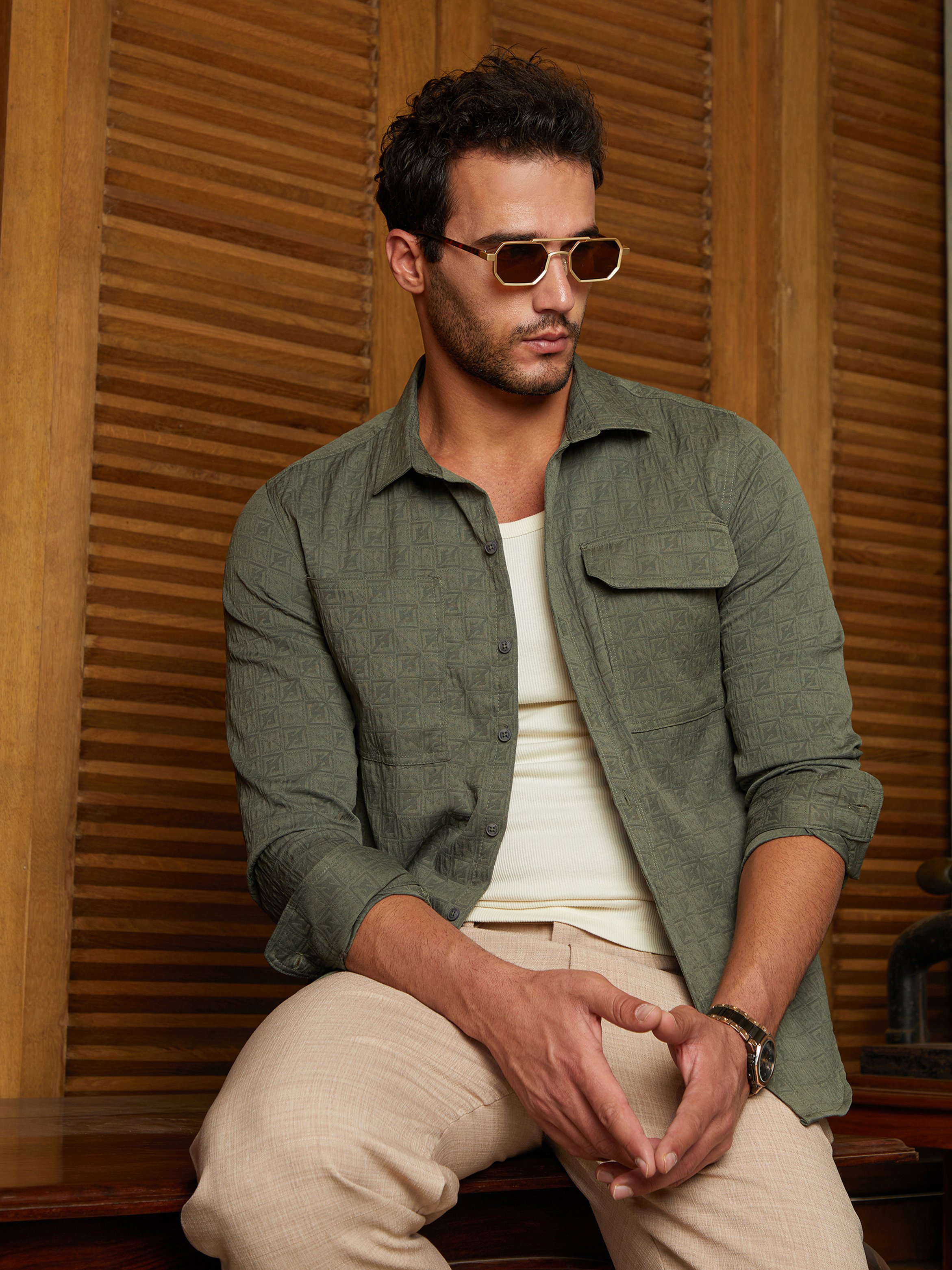 Men Olive Green Textured Relaxed Utility Shirt