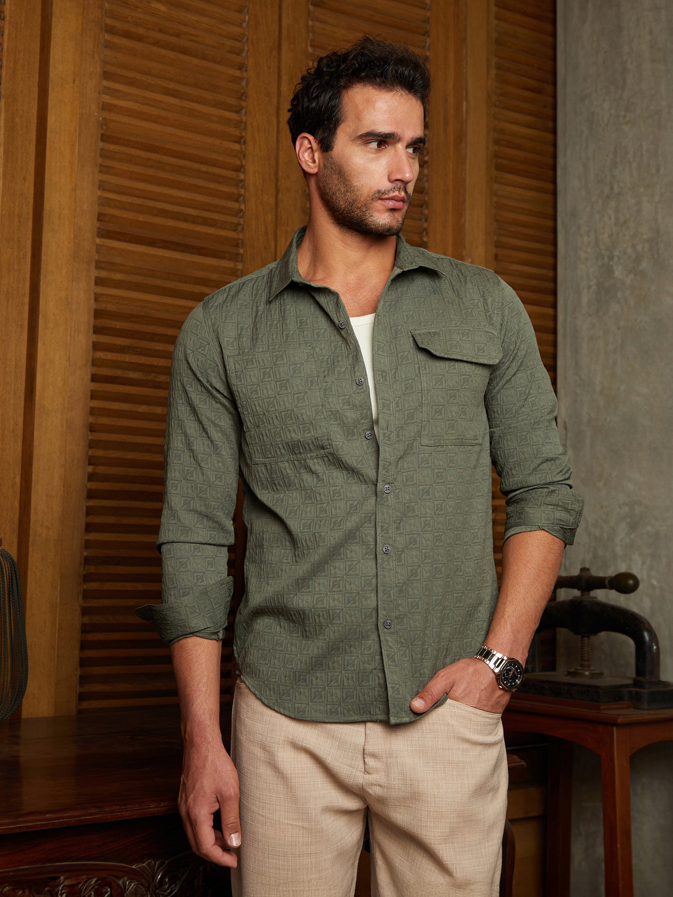 Men Olive Green Textured Relaxed Utility Shirt