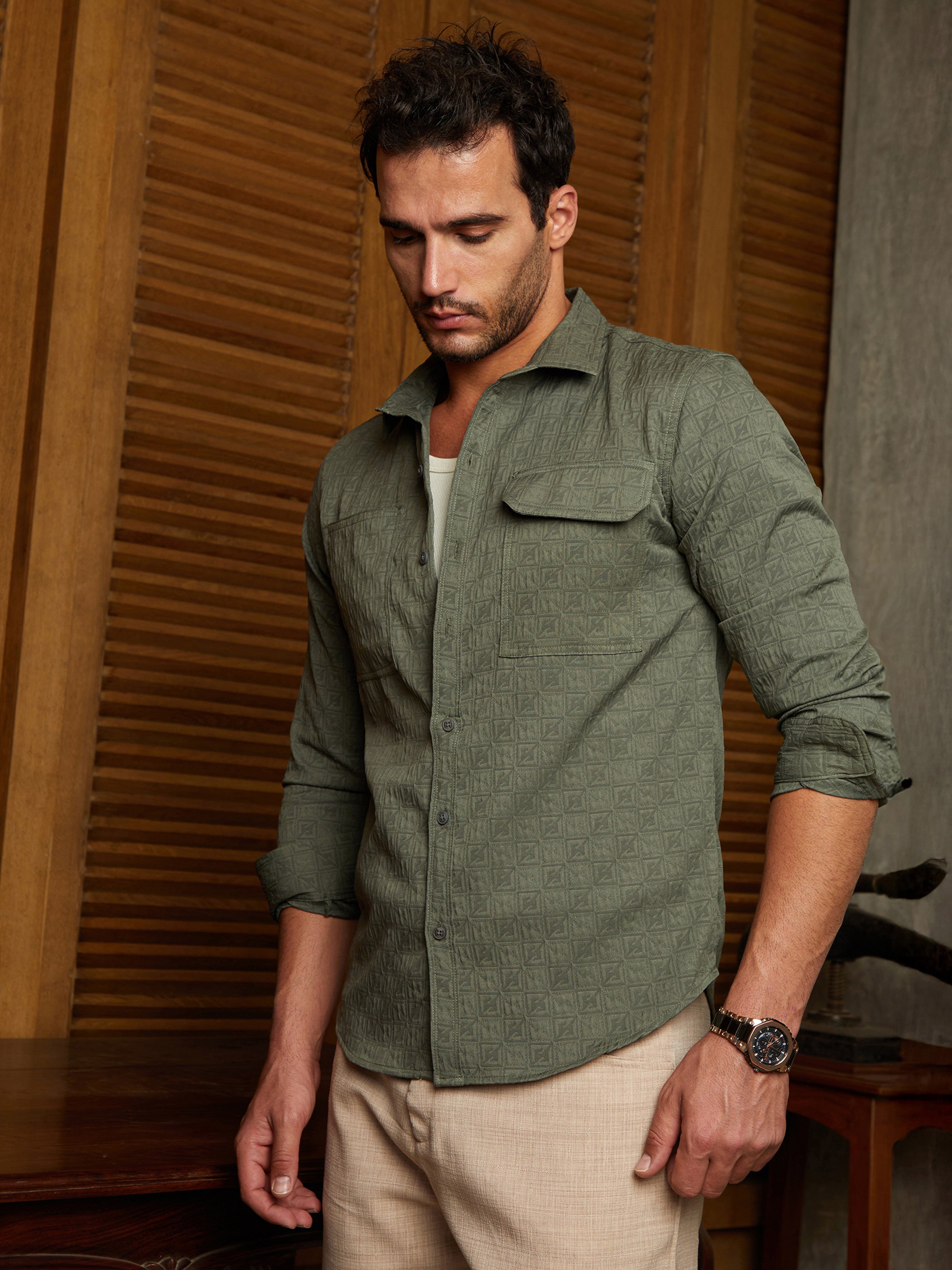 Men Olive Green Textured Relaxed Utility Shirt