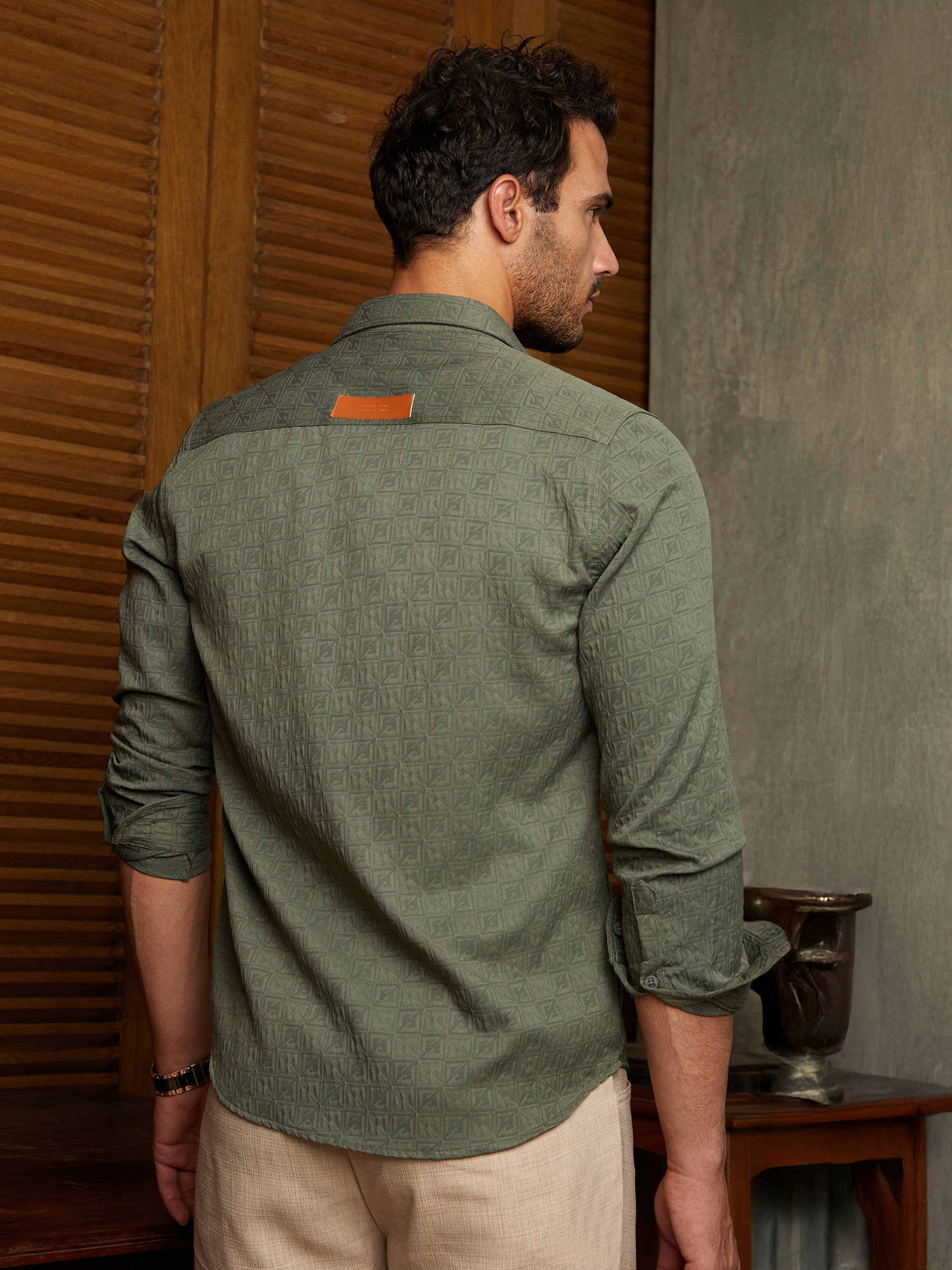 Men Olive Green Textured Relaxed Utility Shirt