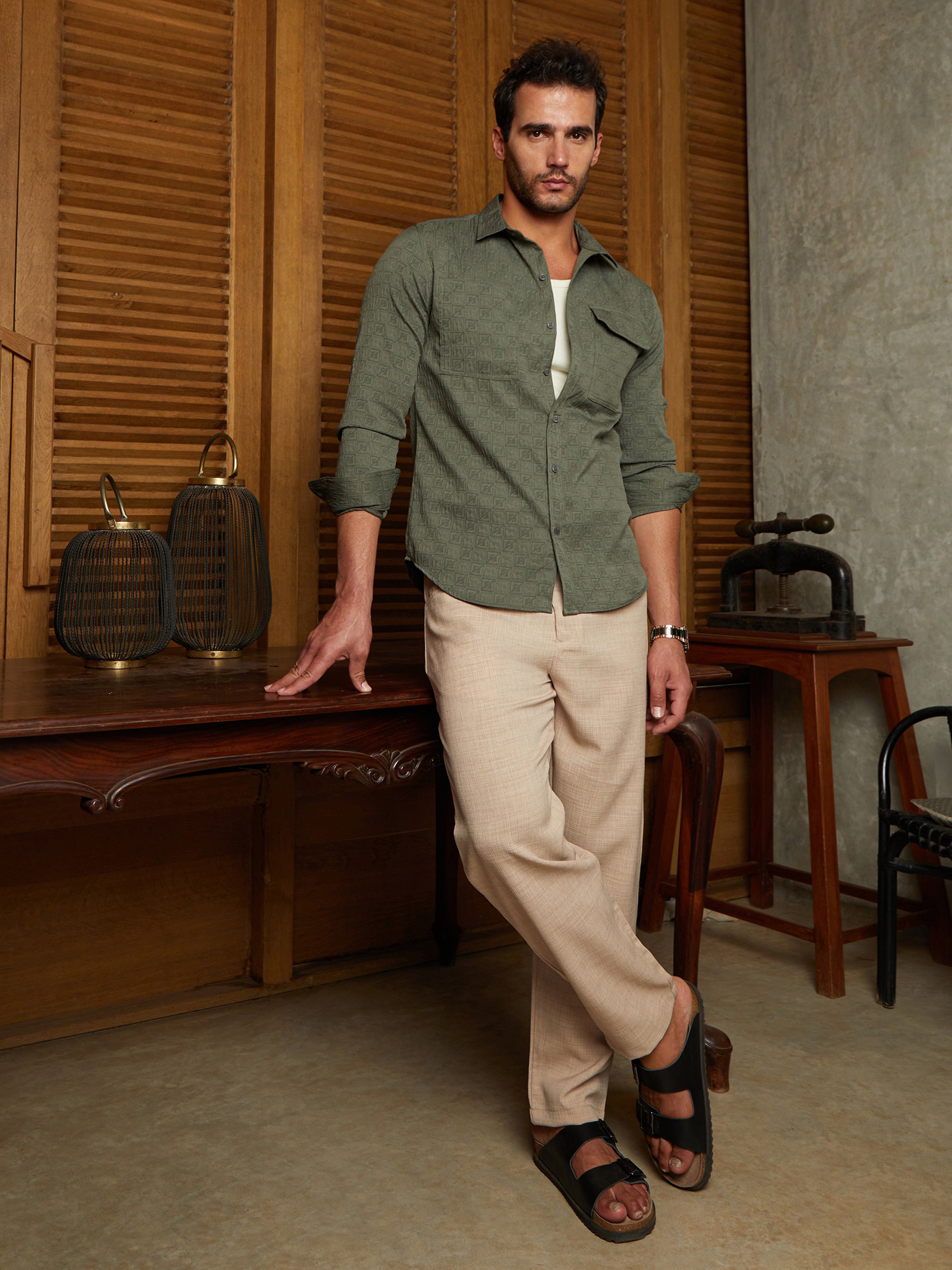 Men Olive Green Textured Relaxed Utility Shirt