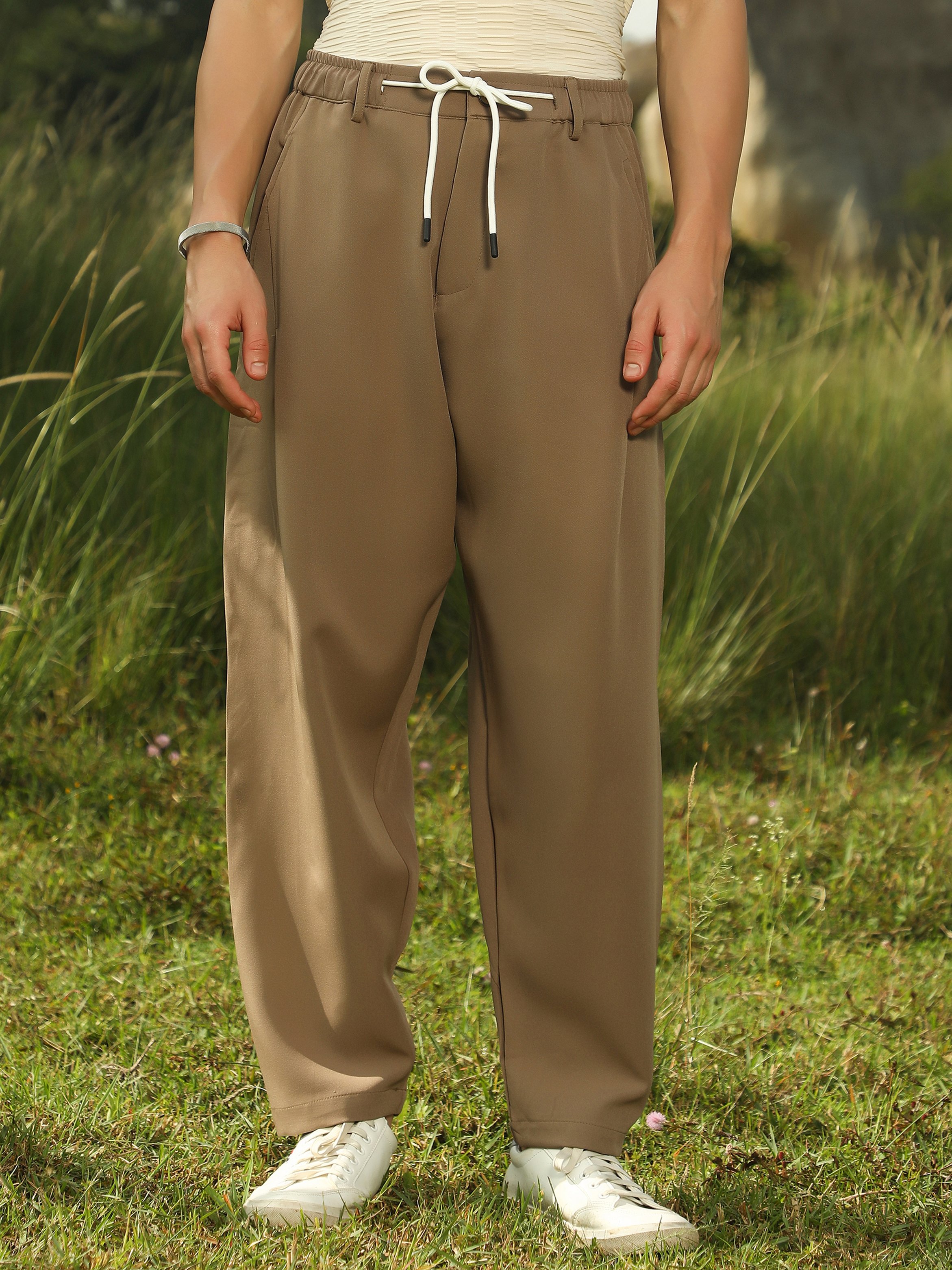 Men Ash Brown Tapered Tailored Trousers