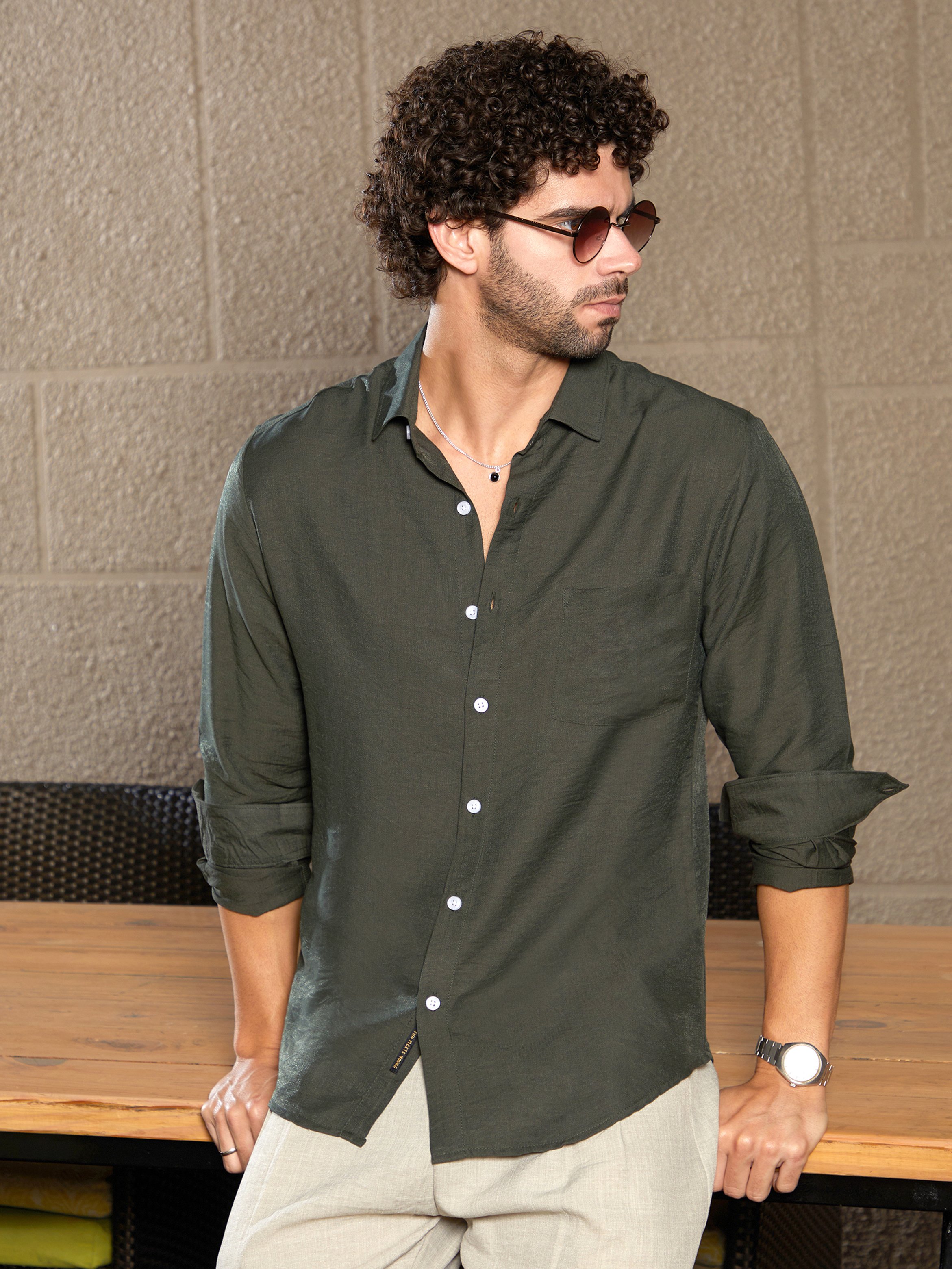 Men Olive Green Linen Blend Relaxed Shirt
