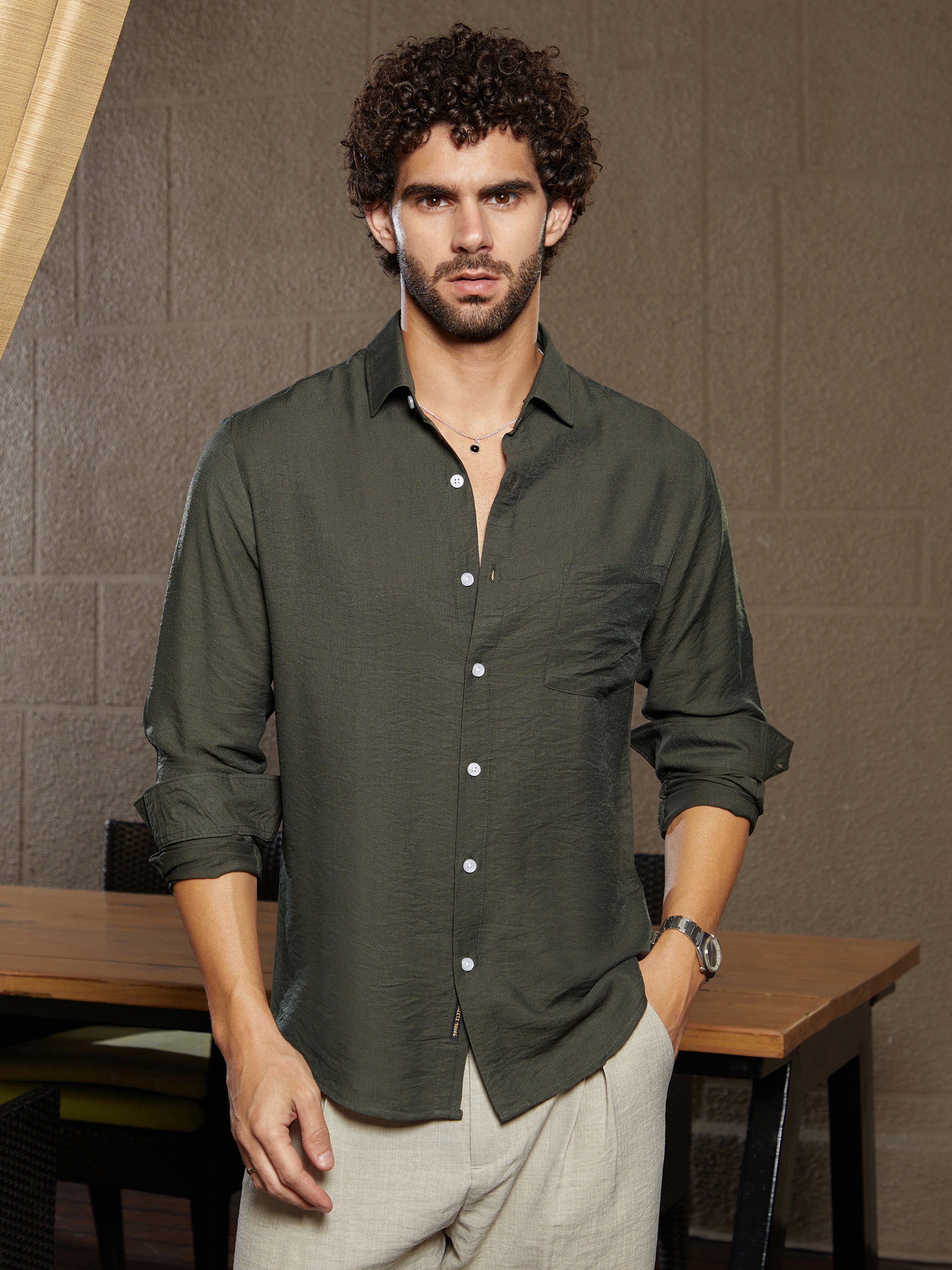 Men Olive Green Linen Blend Relaxed Shirt