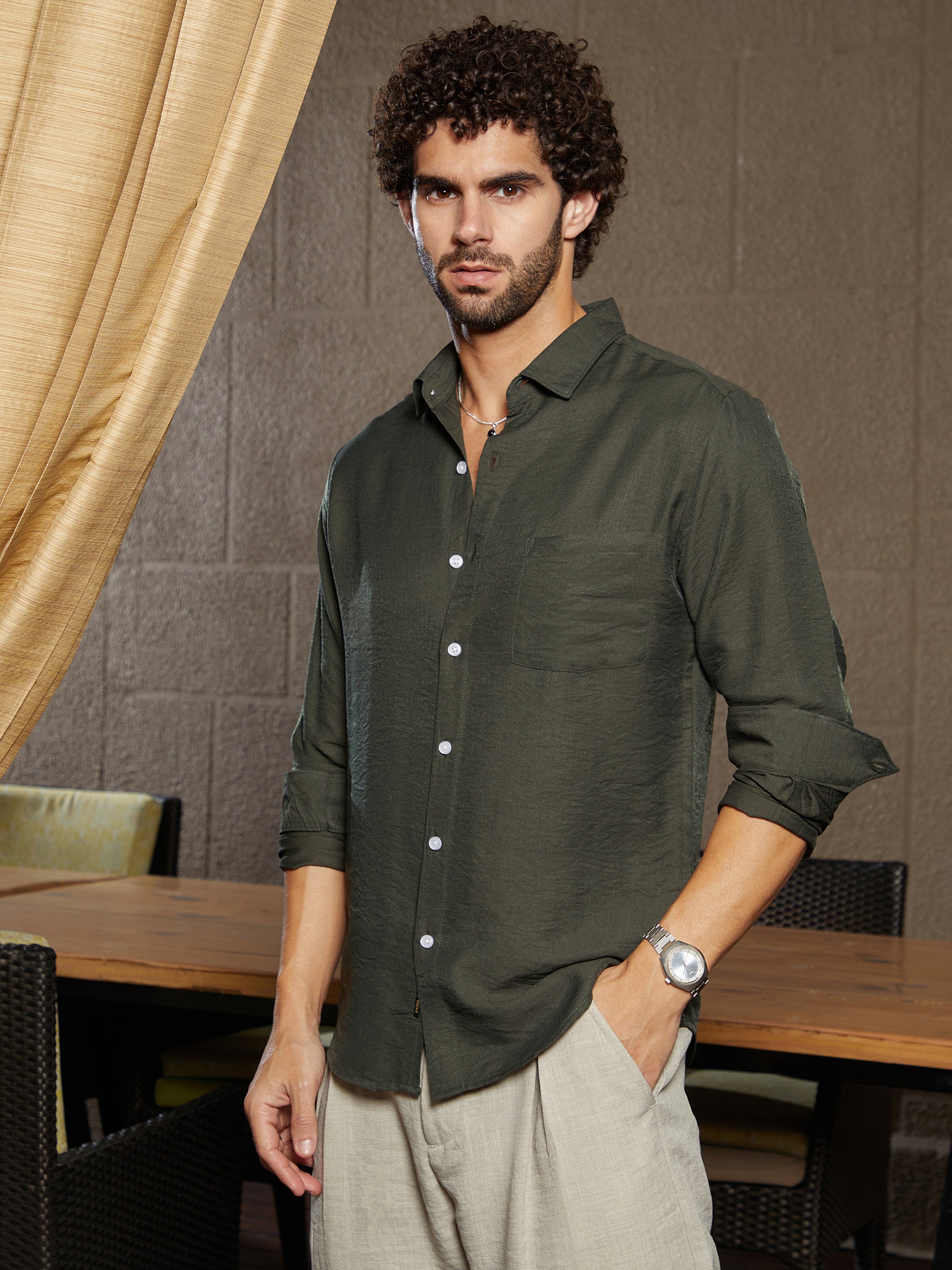 Men Olive Green Linen Blend Relaxed Shirt