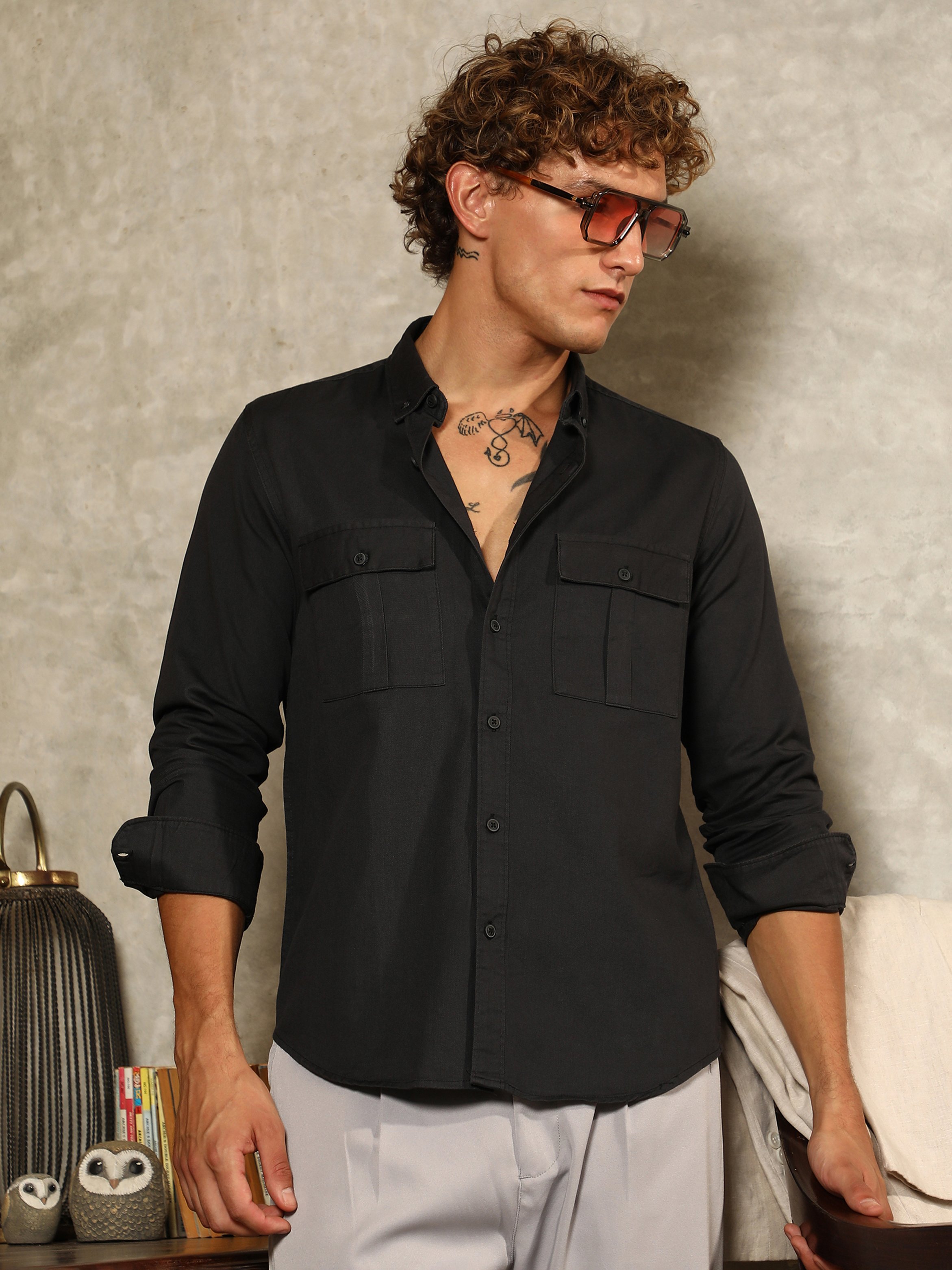 Men Black Button-Down Utility Shirt