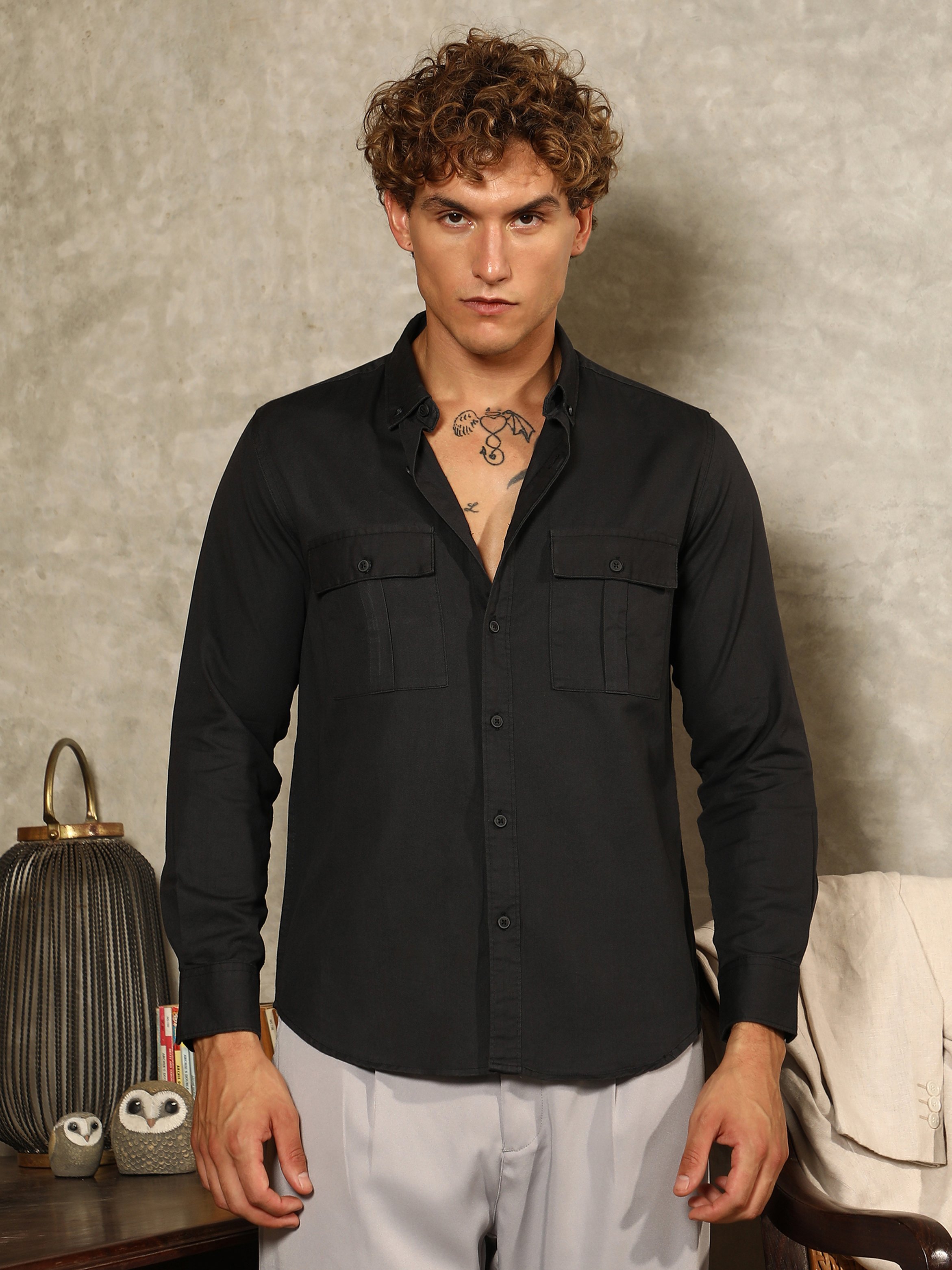 Men Black Button-Down Utility Shirt