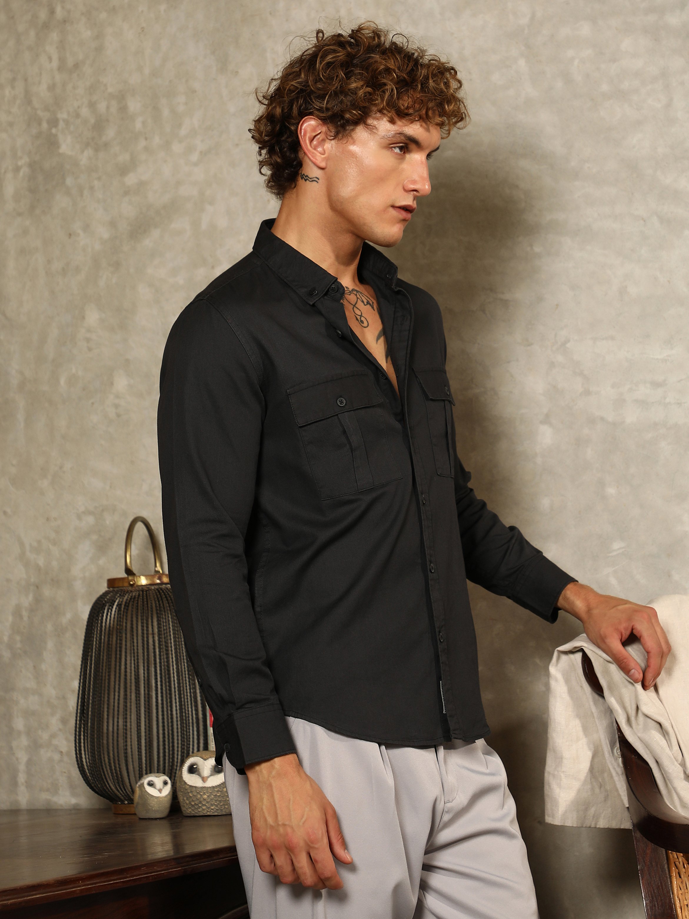 Men Black Button-Down Utility Shirt