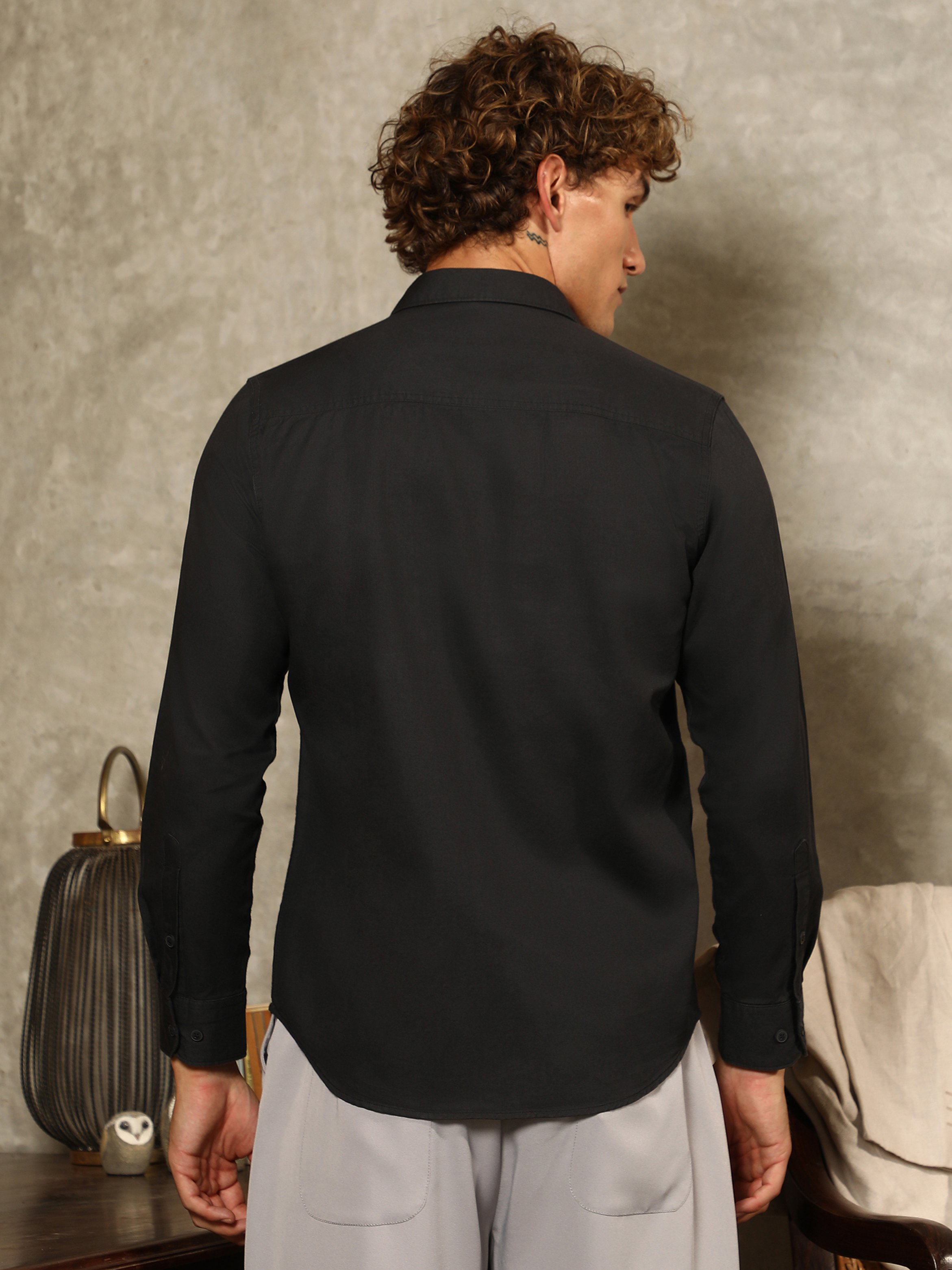 Men Black Button-Down Utility Shirt