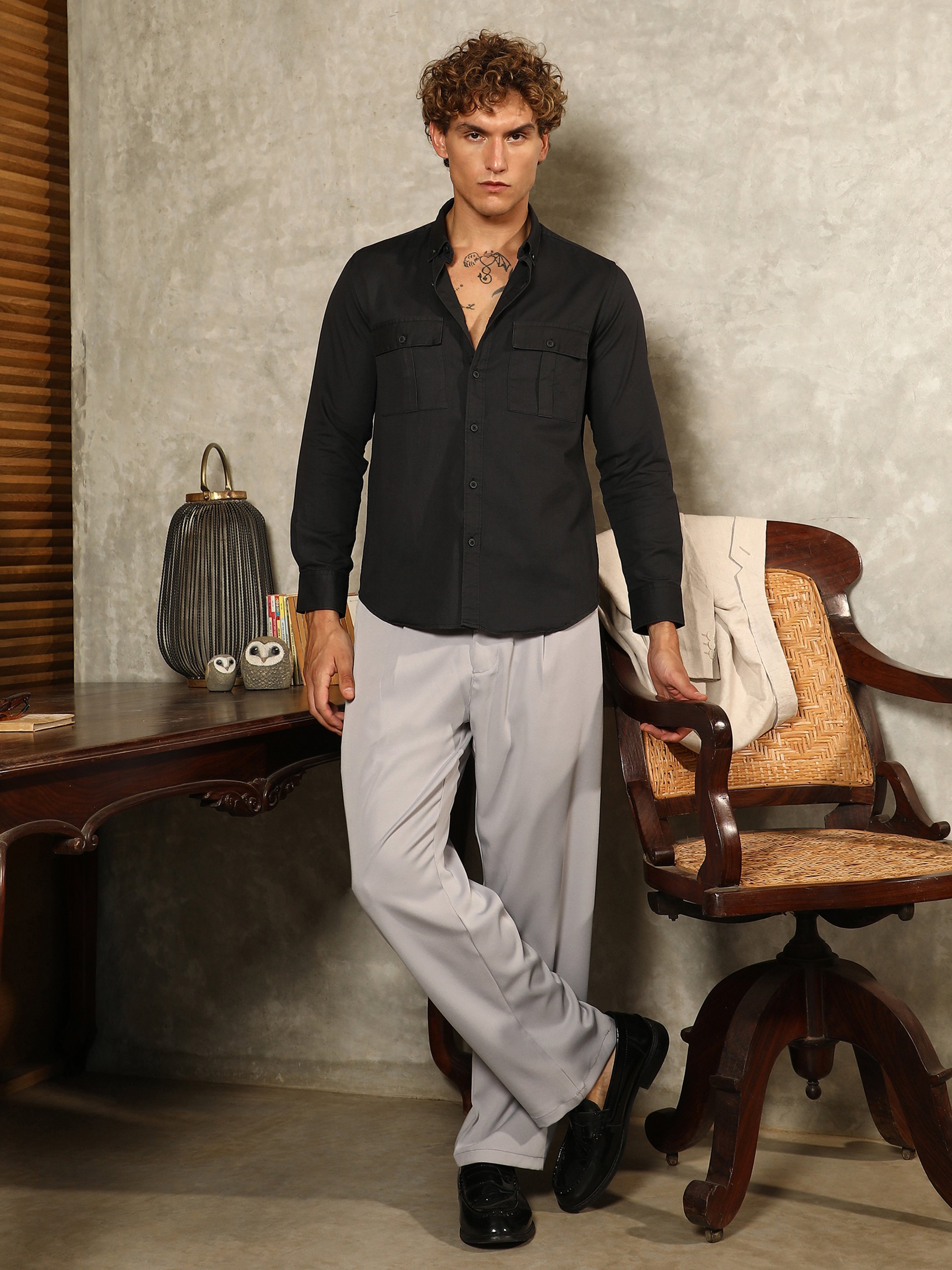 Men Black Button-Down Utility Shirt