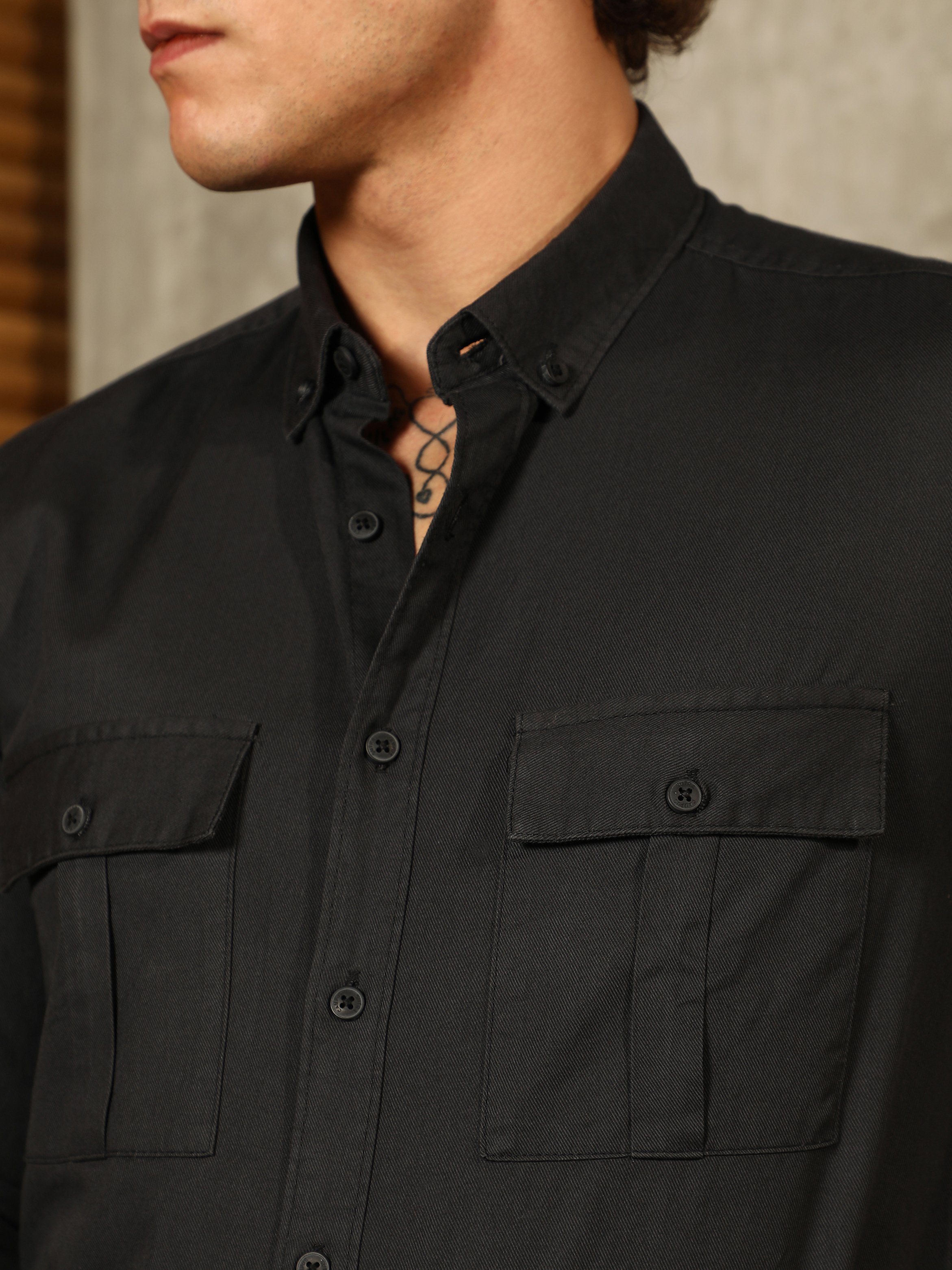 Men Black Button-Down Utility Shirt