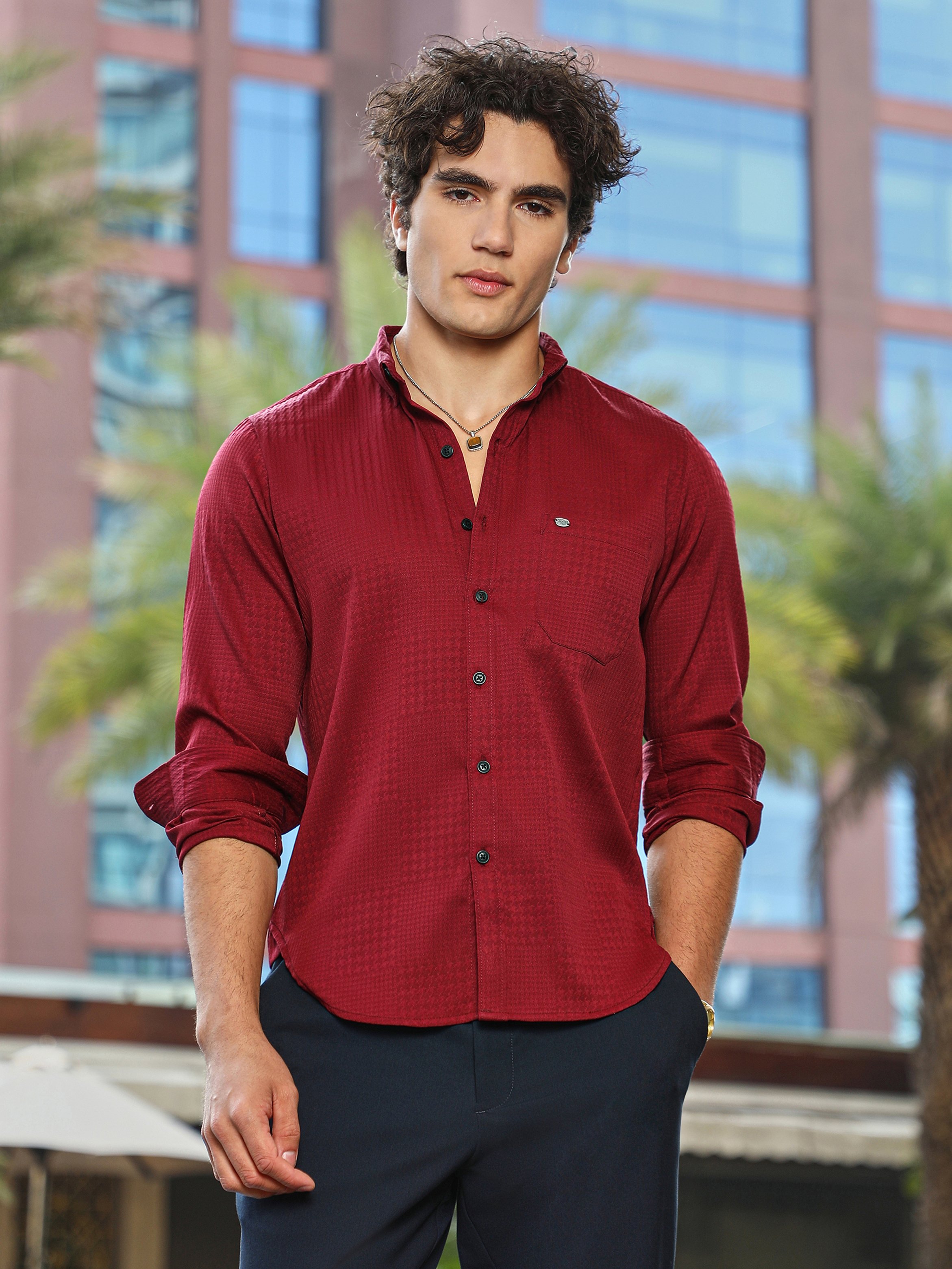 Men Burgundy Textured Spread Collar Shirt