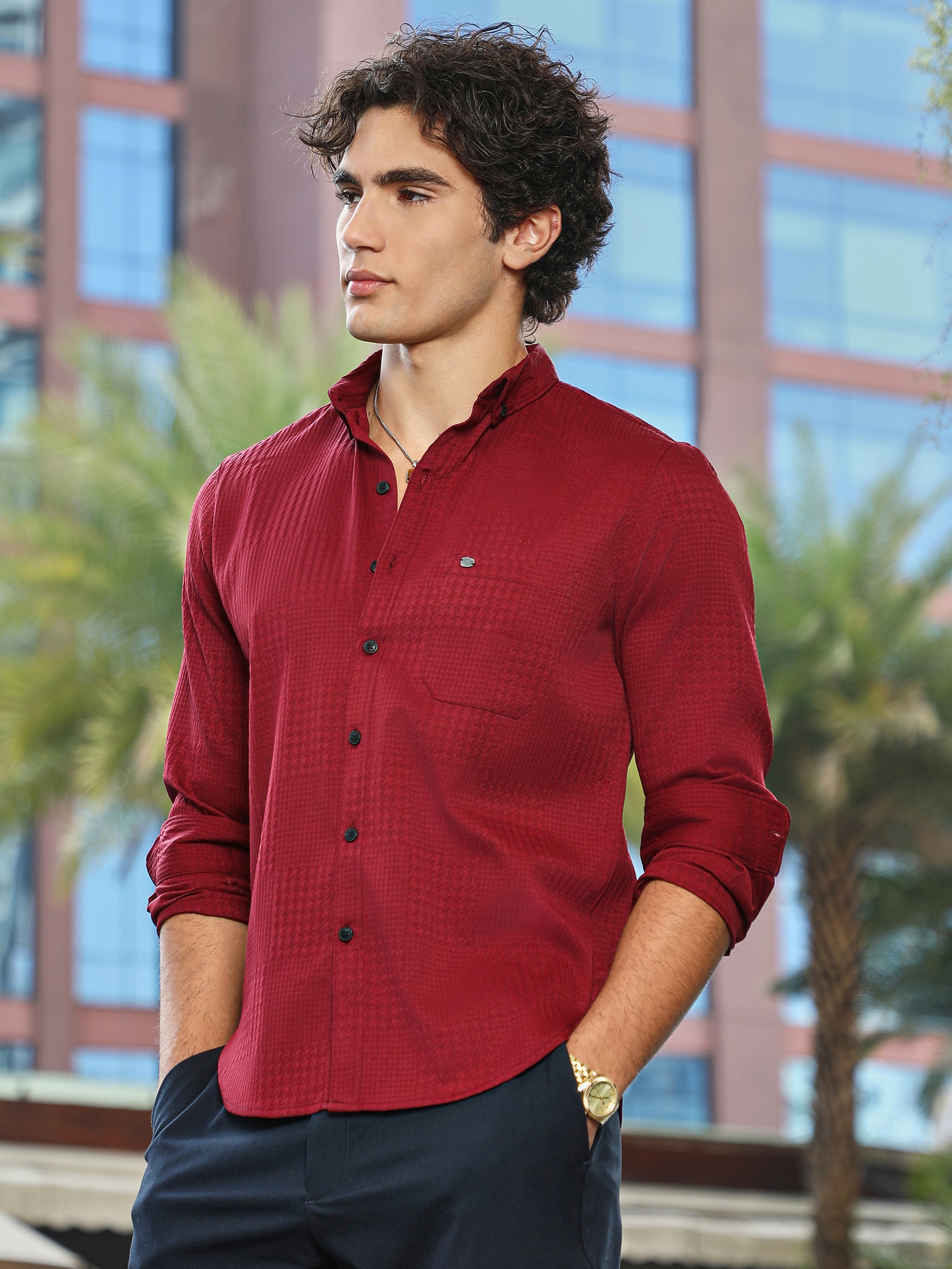 Men Burgundy Textured Spread Collar Shirt
