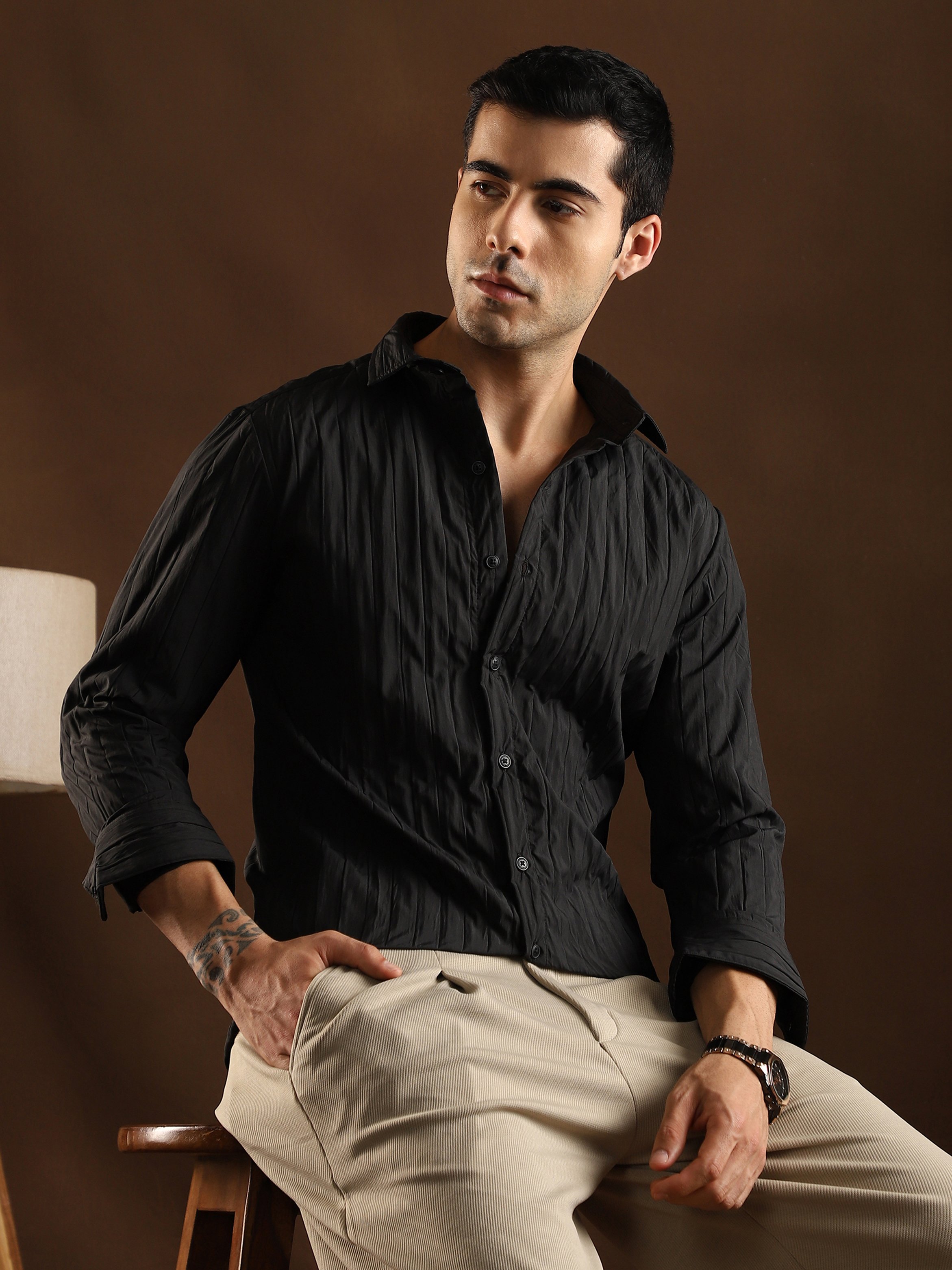 Men Black Textured Regular Shirt