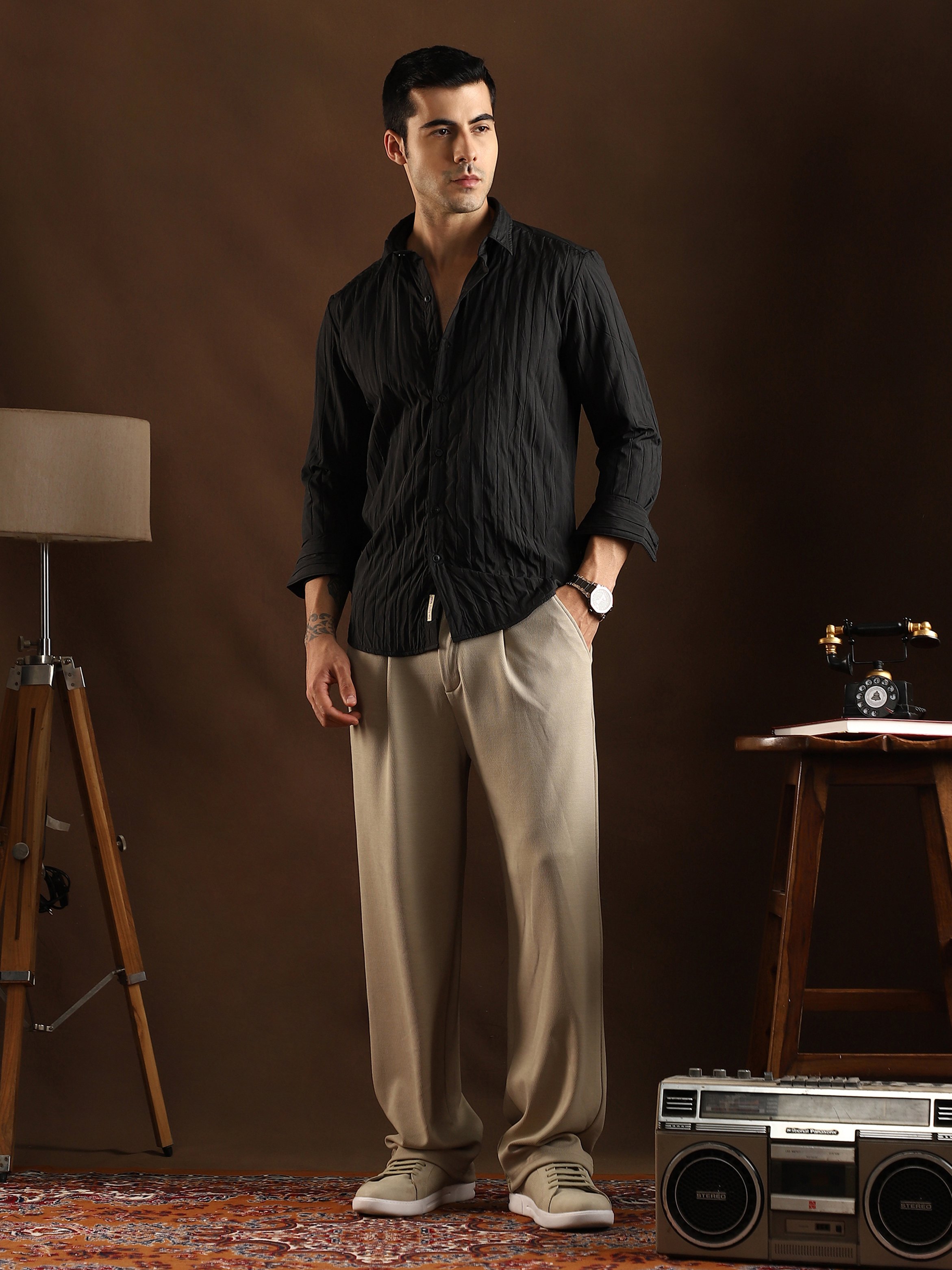 Men Black Textured Regular Shirt