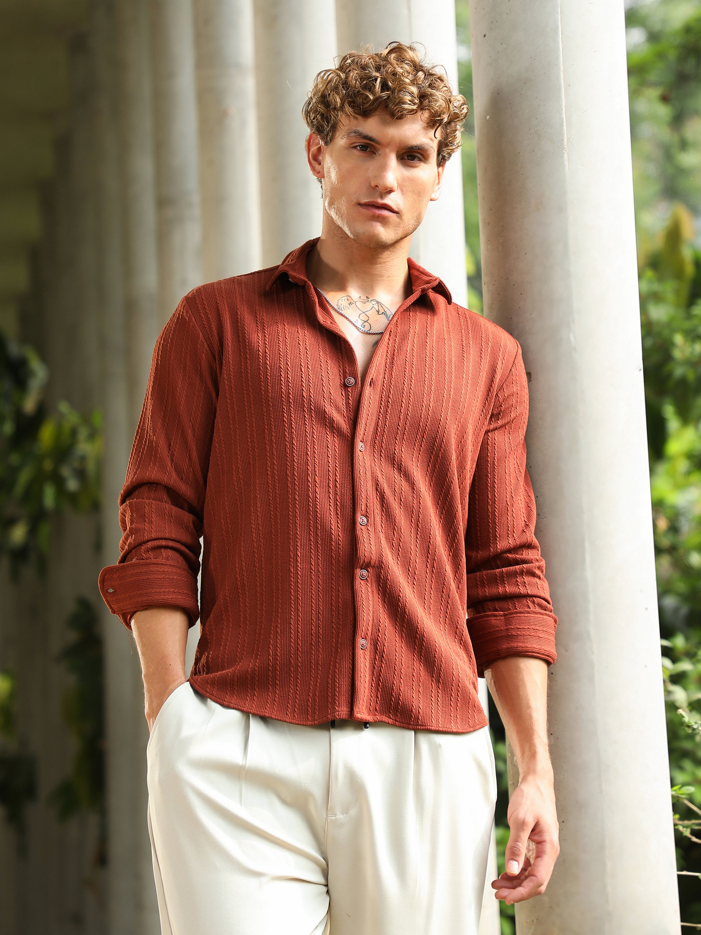 Men Rust Ribbed-Rope Textured Shirt