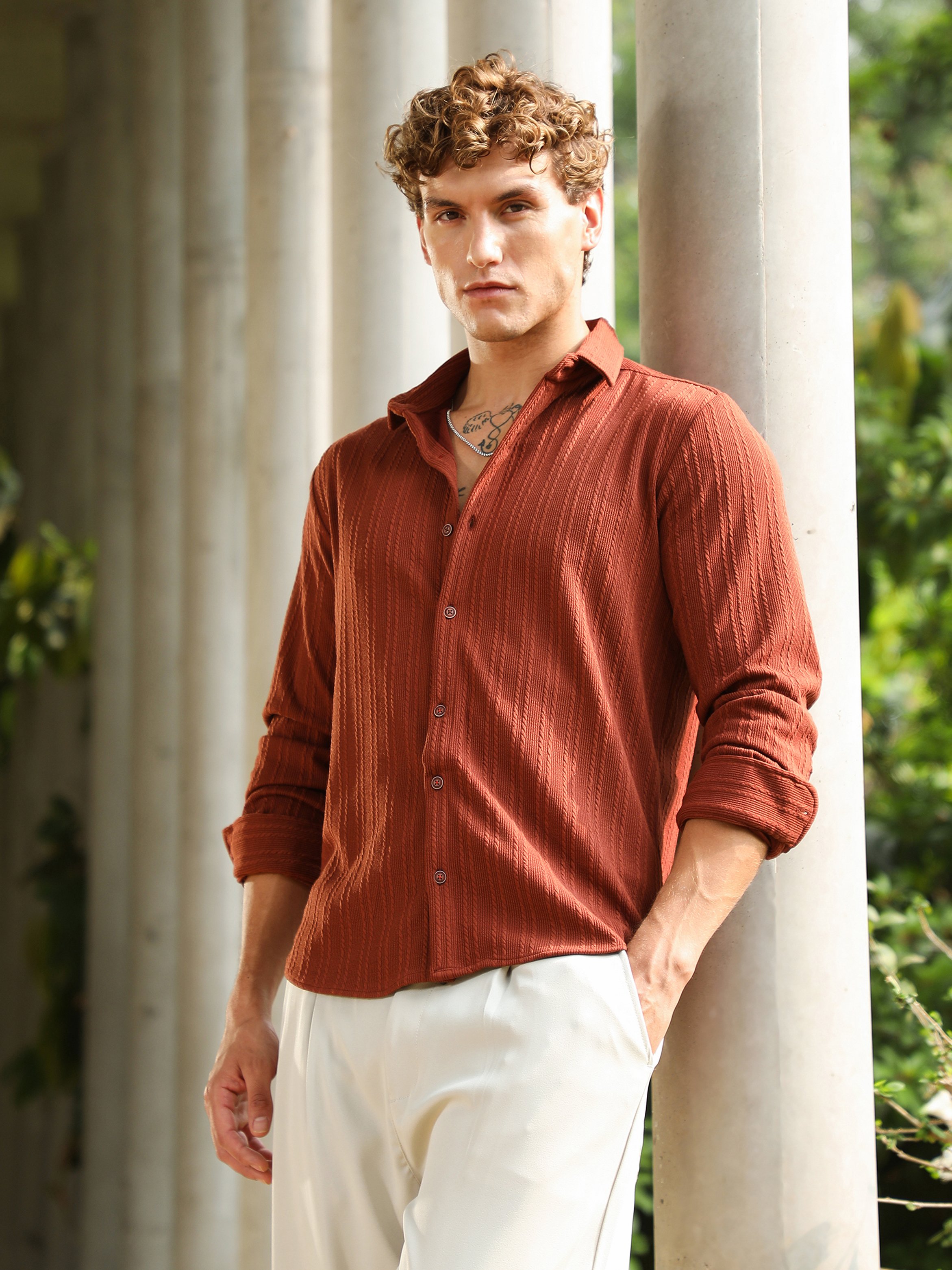 Men Rust Ribbed-Rope Textured Shirt