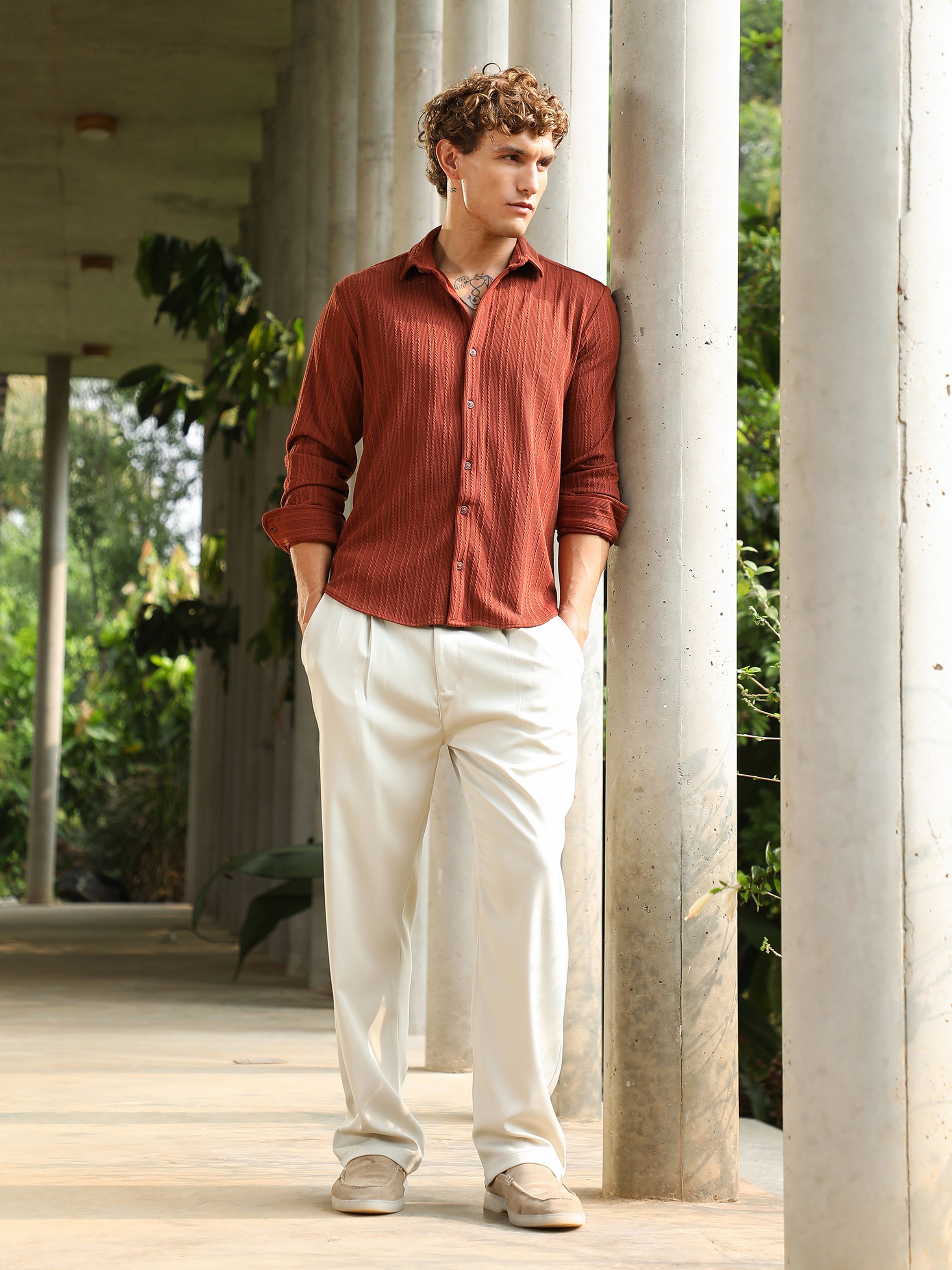 Men Rust Ribbed-Rope Textured Shirt