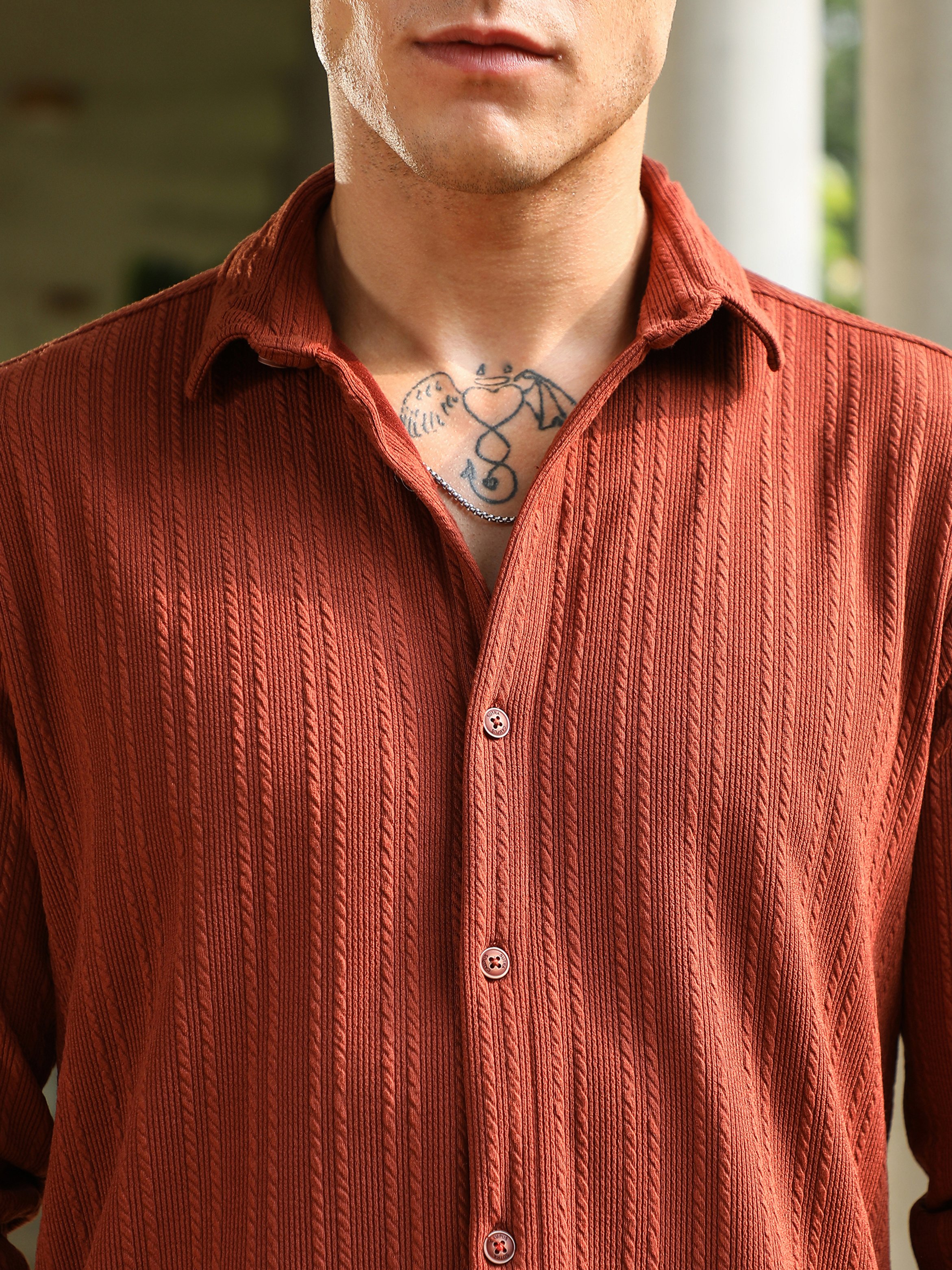 Men Rust Ribbed-Rope Textured Shirt