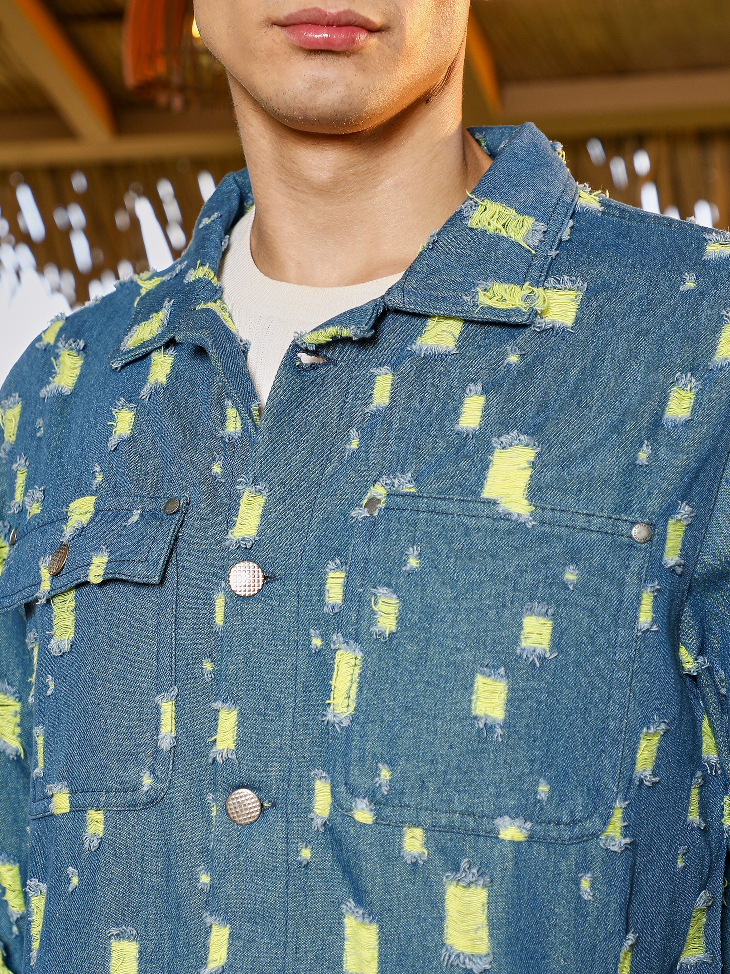 Men Blue Distressed-Jacquard Denim Jacket