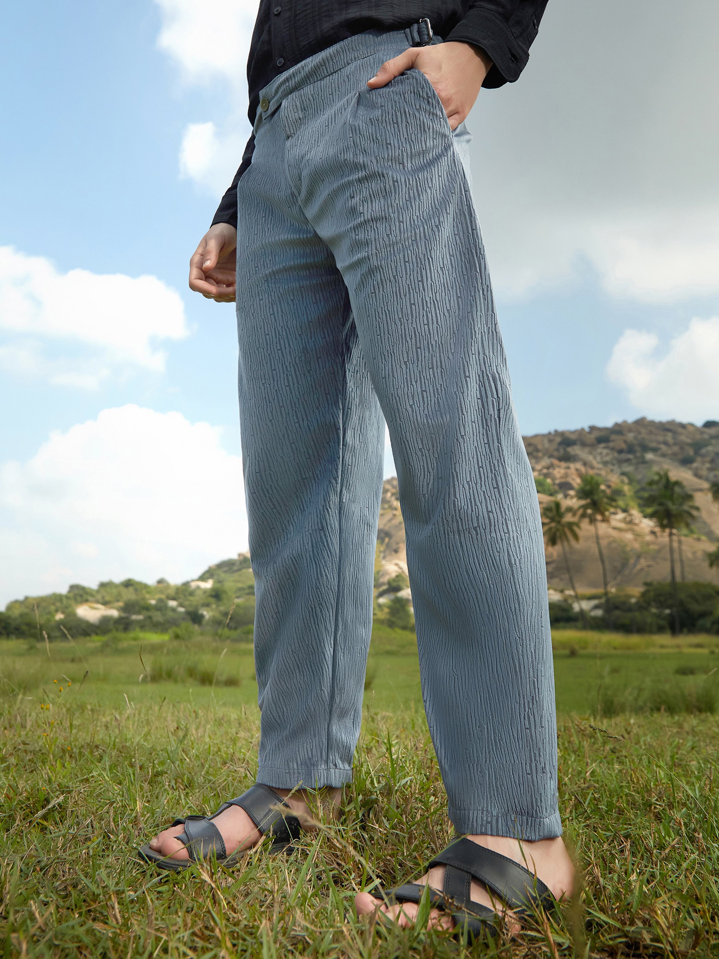 Men Moon Grey Veined Tailored Trousers