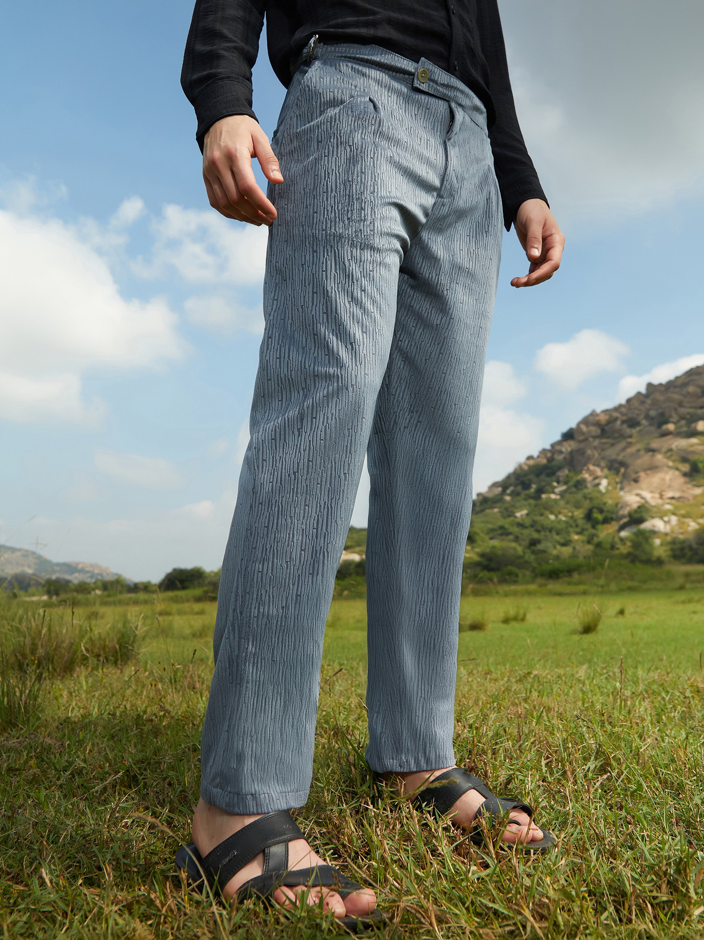 Men Moon Grey Veined Tailored Trousers