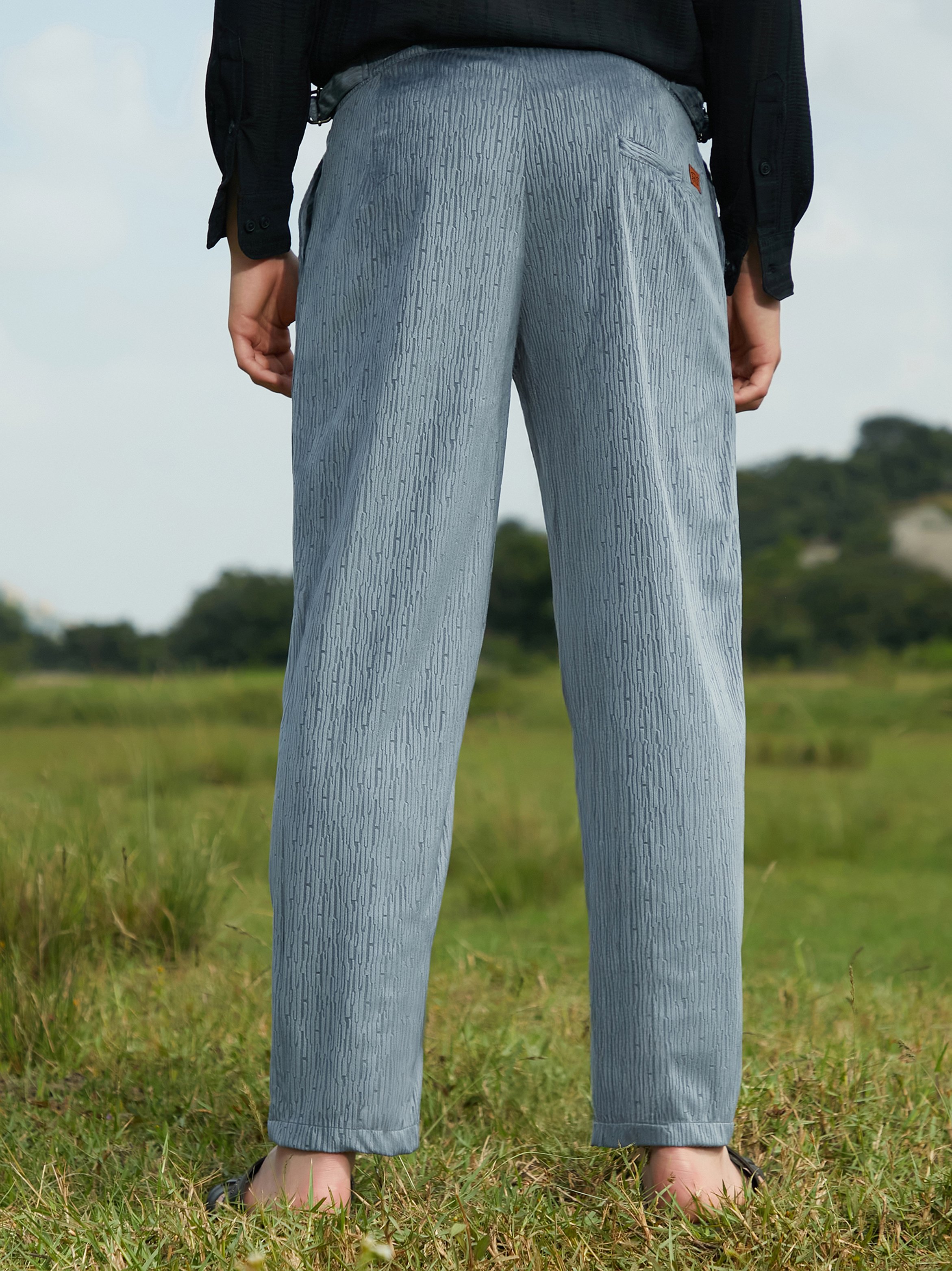 Men Moon Grey Veined Tailored Trousers