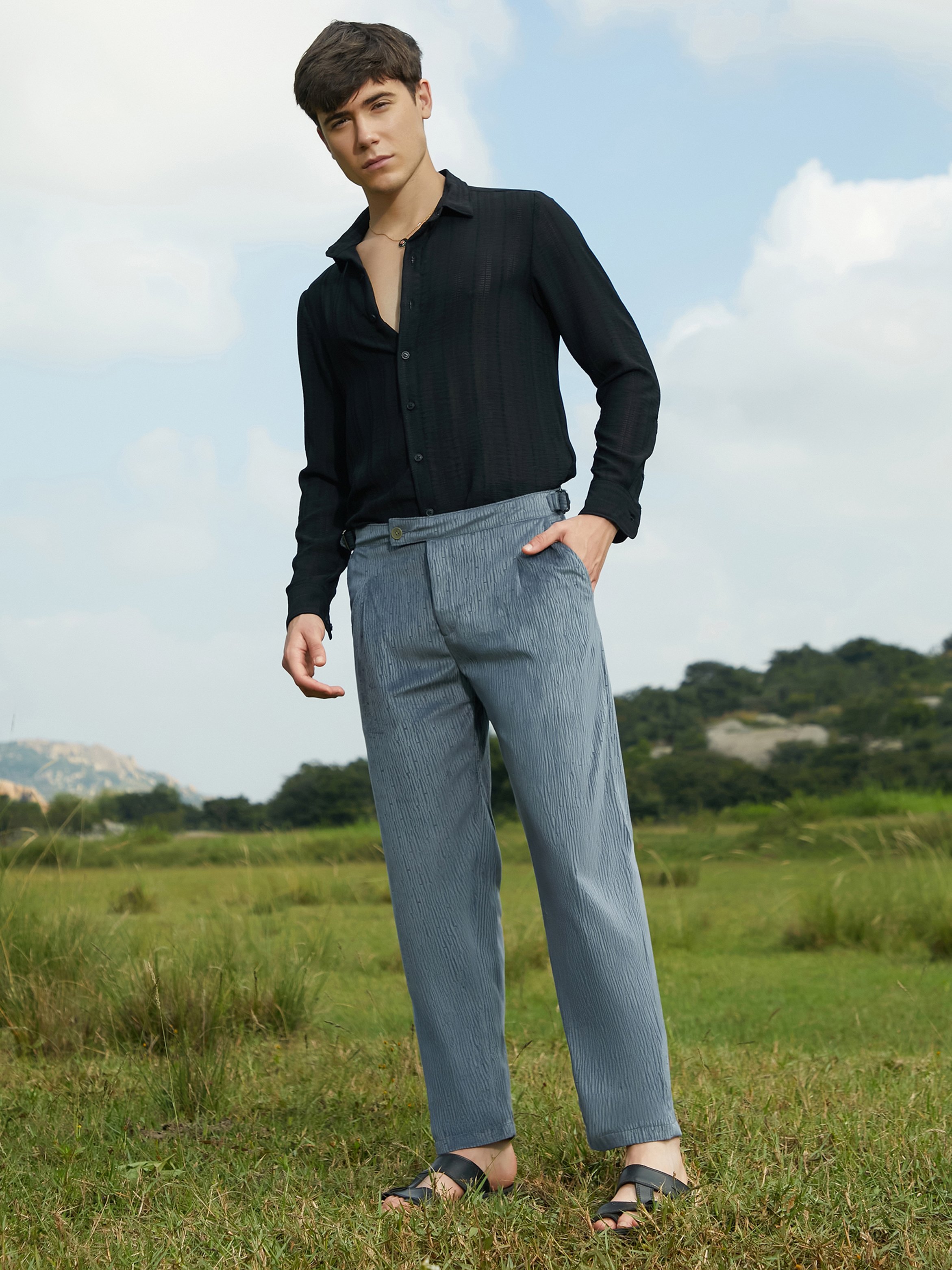 Men Moon Grey Veined Tailored Trousers