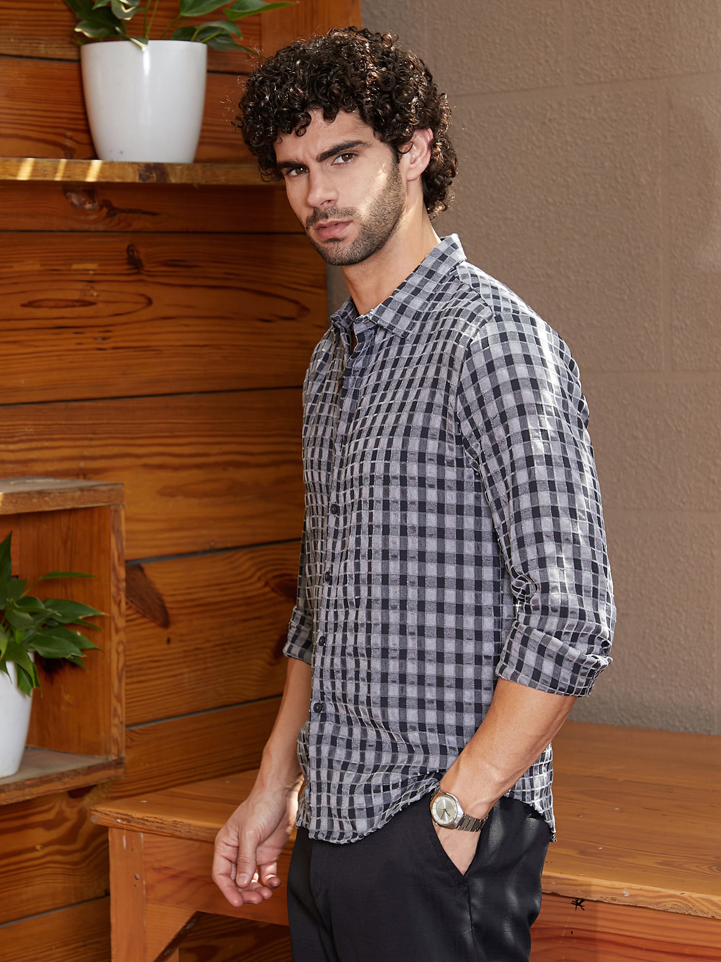 Men Grey Checked Regular Shirt